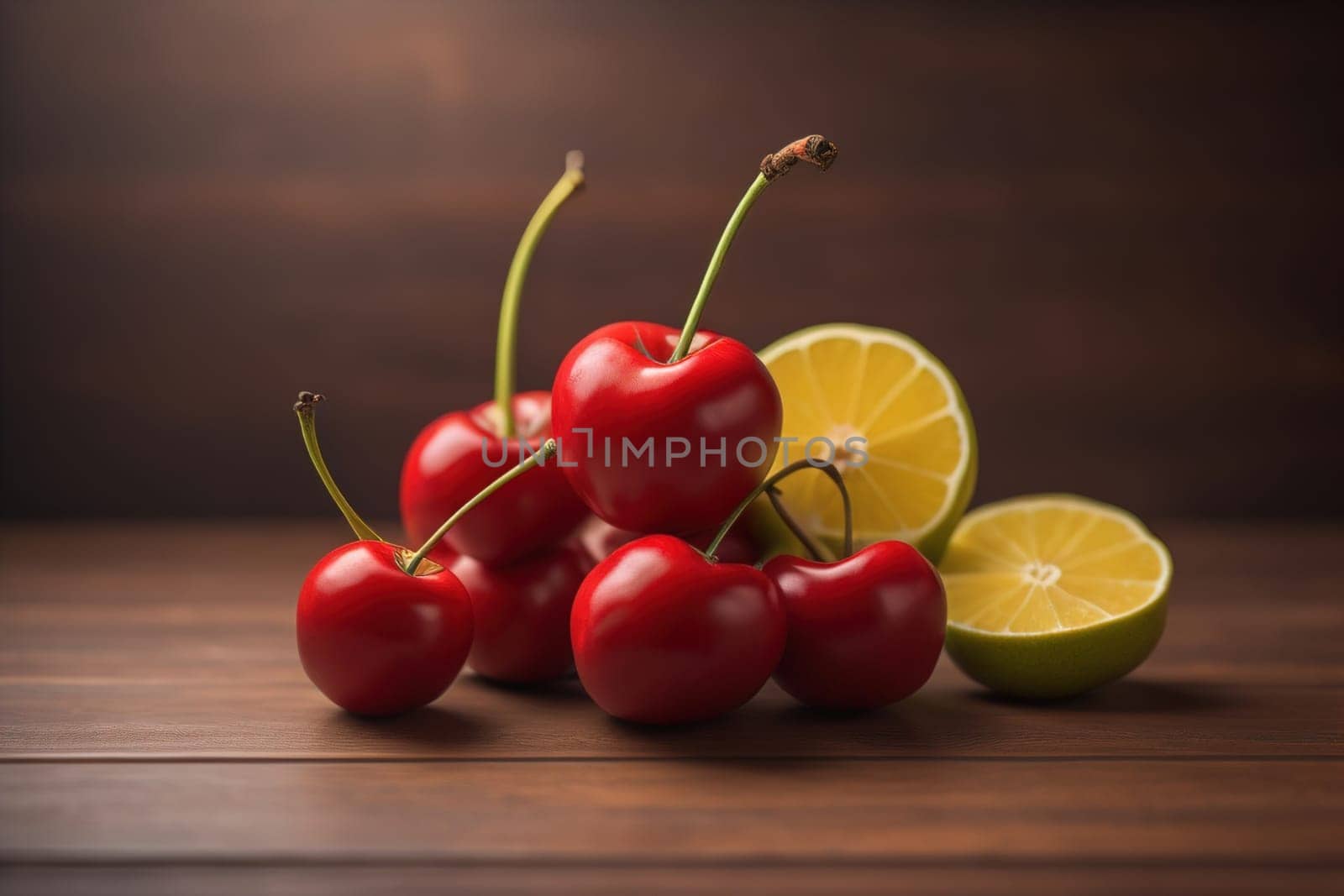 Red cherries on a wooden background. Close up. Selective focus. ai generative
