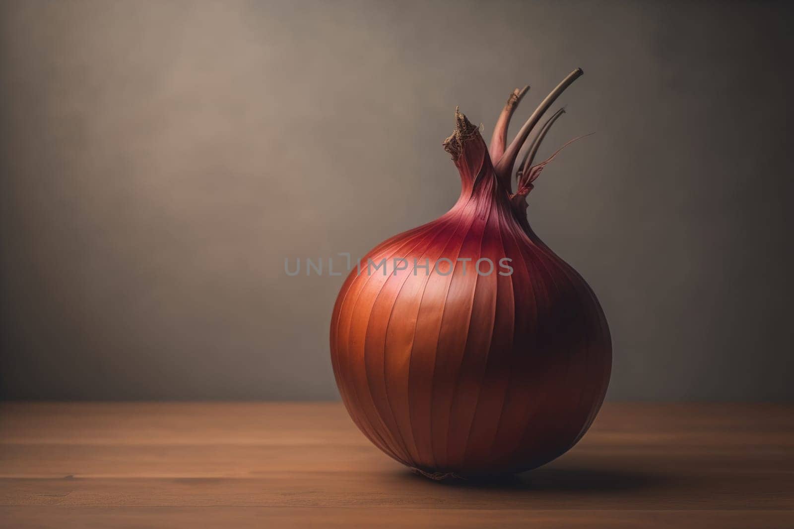 Three onions on a wooden table in front of a solid color background. ai generative