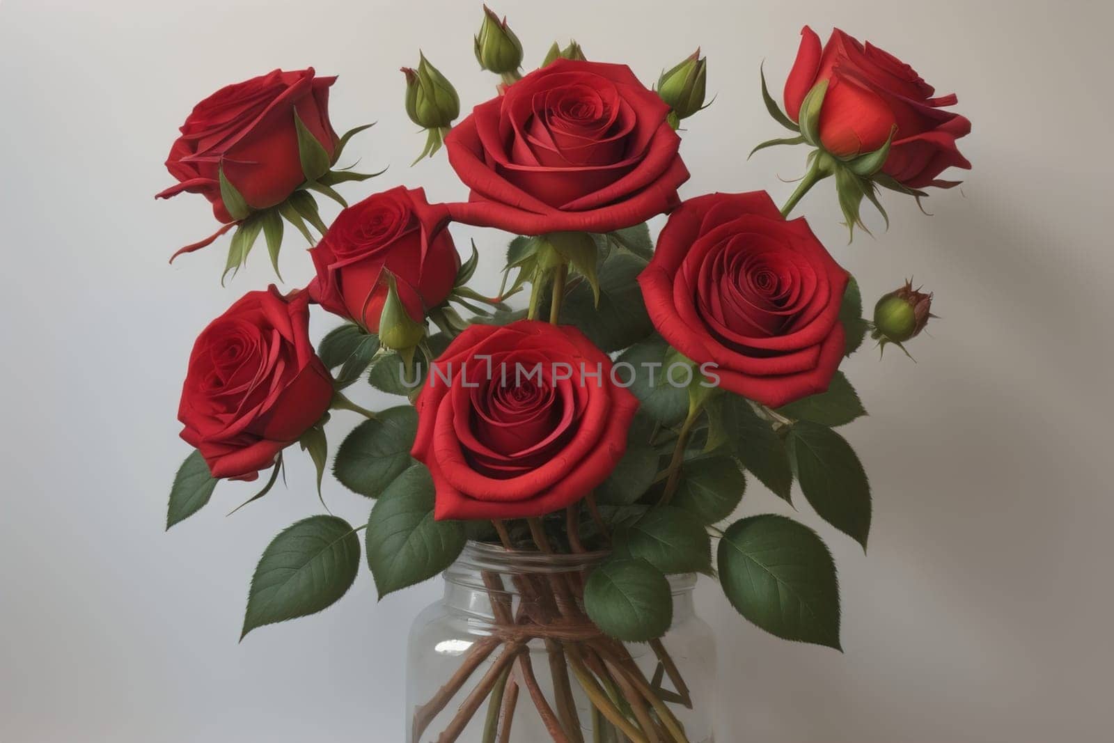 Red roses background. Top view of beautiful red roses with green leaves. ai generative