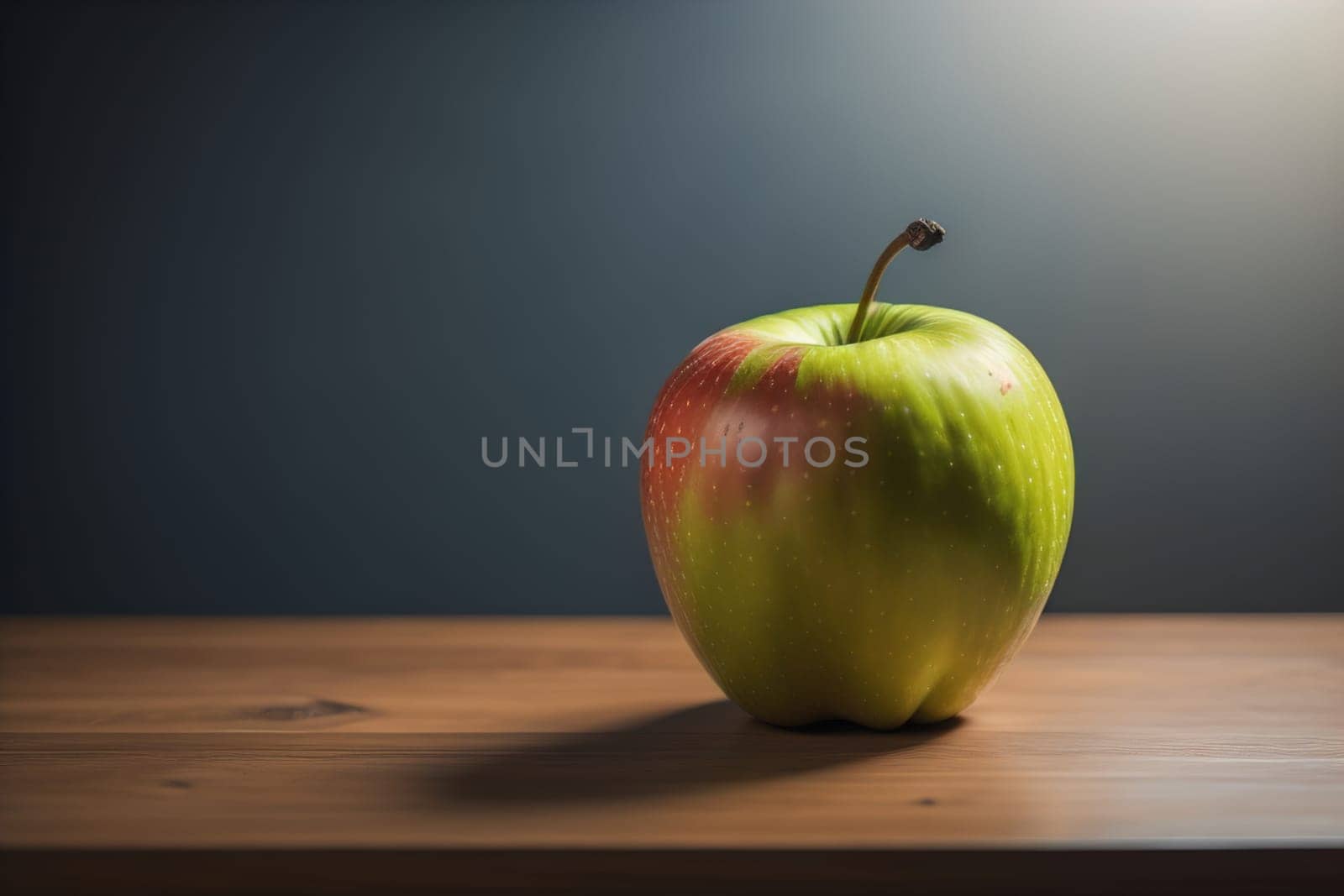 Green apple on a wooden table with dark background, shallow depth of field. The concept of healthy eating. ai generative