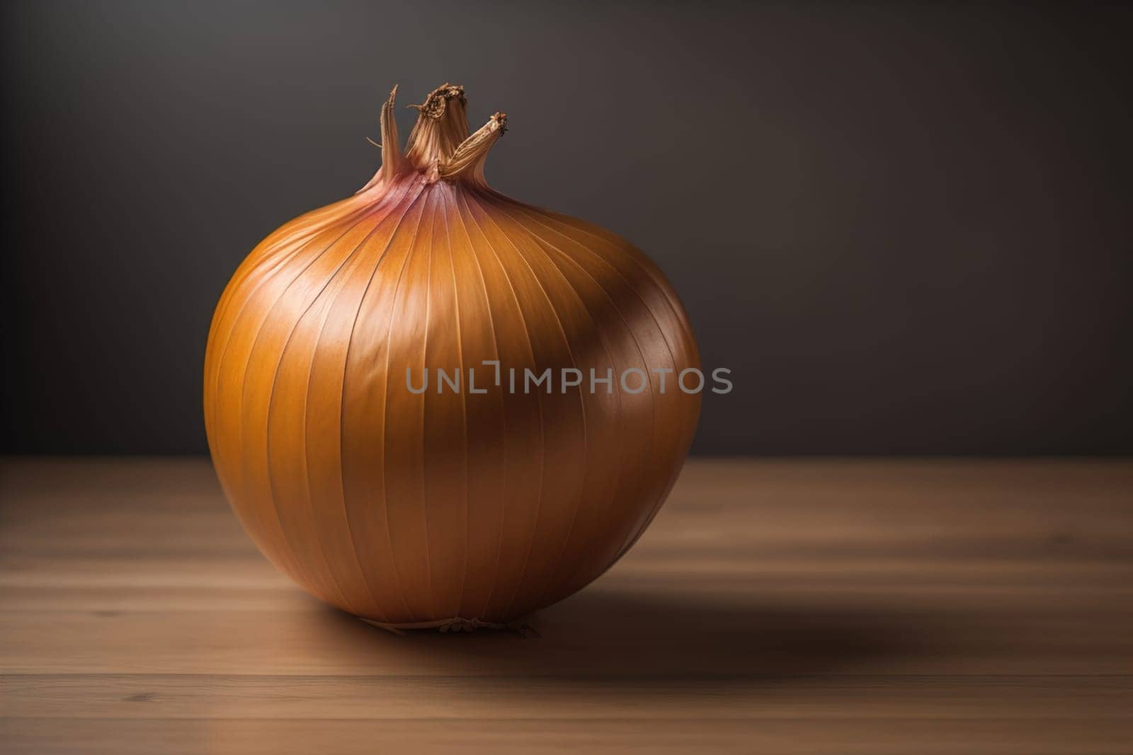 Three onions on a wooden table in front of a solid color background. ai generative