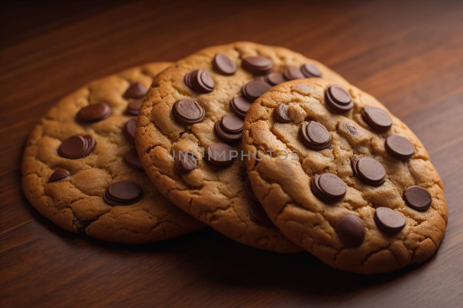 Chocolate chip cookies on orange background. Close up. Selective focus. ai generative