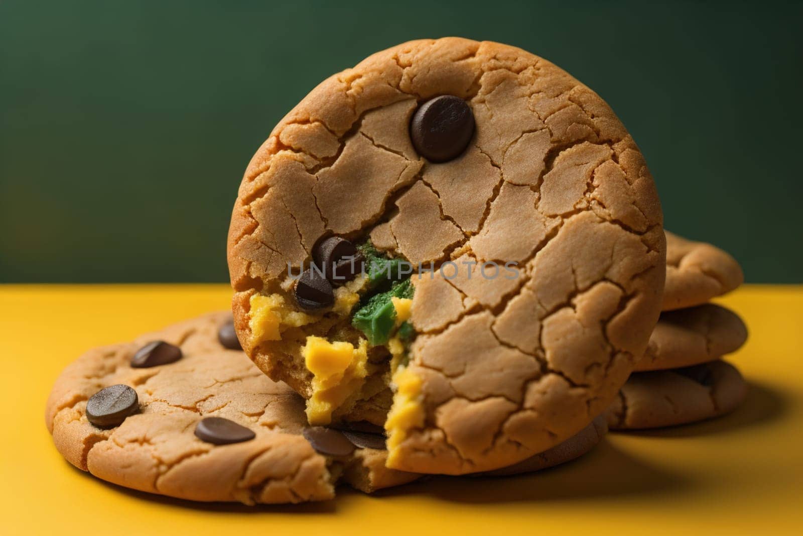 Chocolate chip cookies on orange background. Close up. Selective focus. ai generative