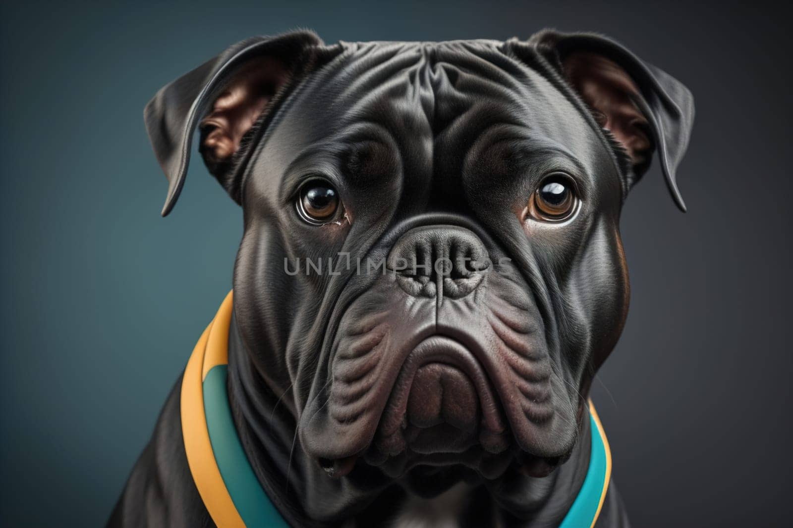 Close up portrait of a cute black dog on a orange background. ai generative