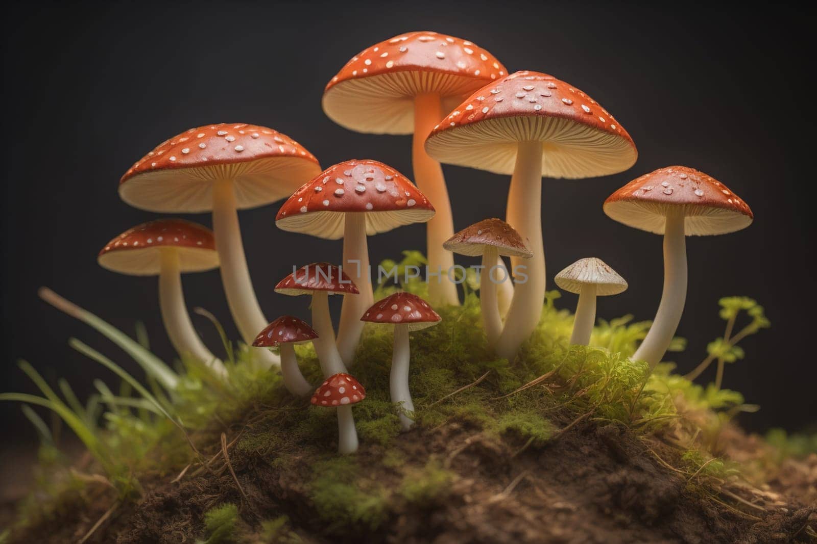 Mushrooms on a solid color background with green moss and water drops. generative ai