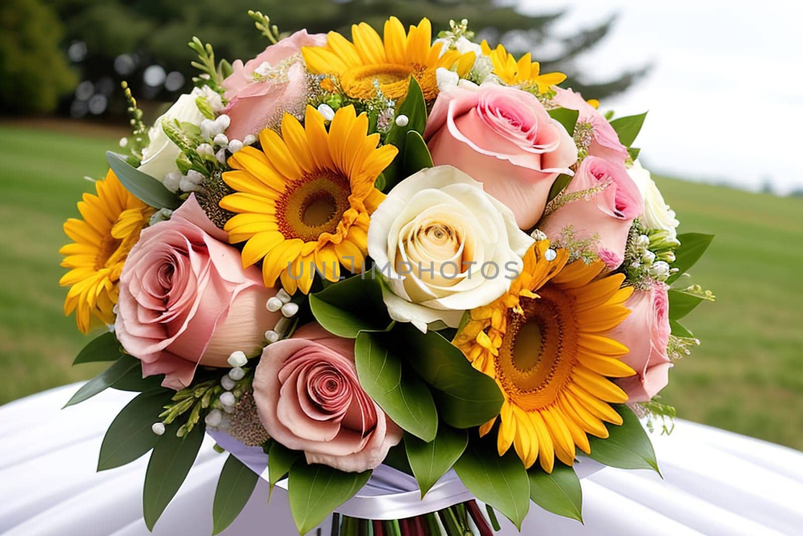 wedding bouquet of different colors on a solid color background. ai generative