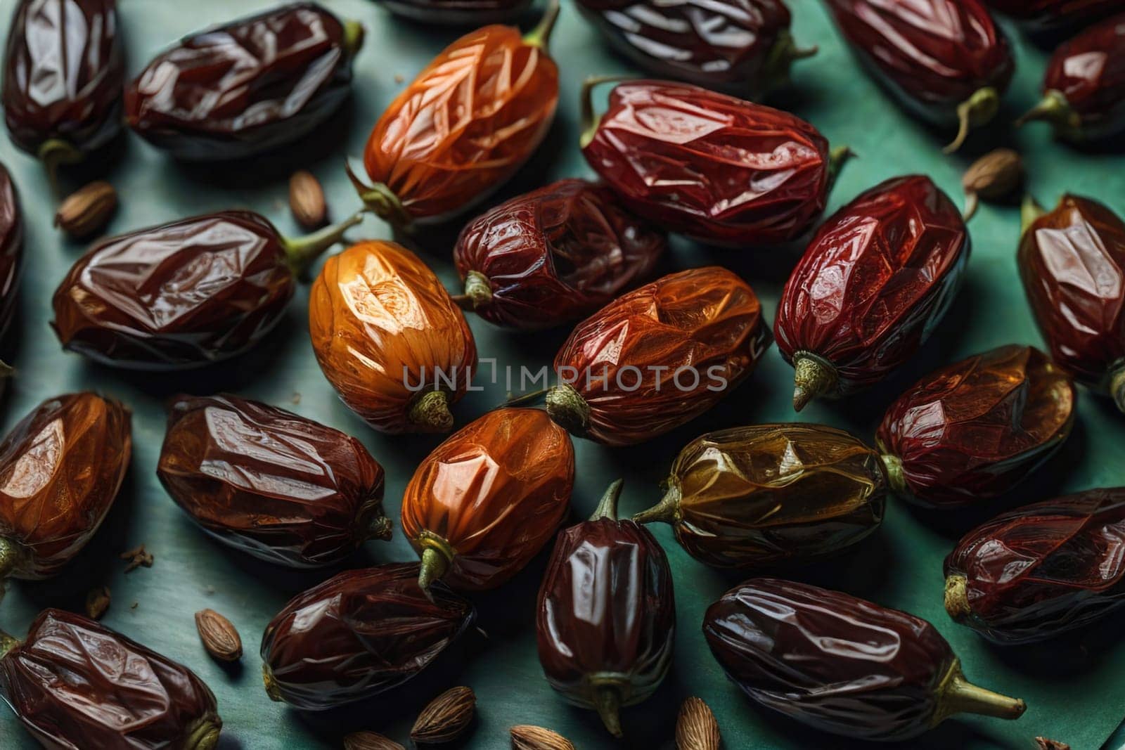 Dried fruits of date palm on a solid color background. Toned. ai generative