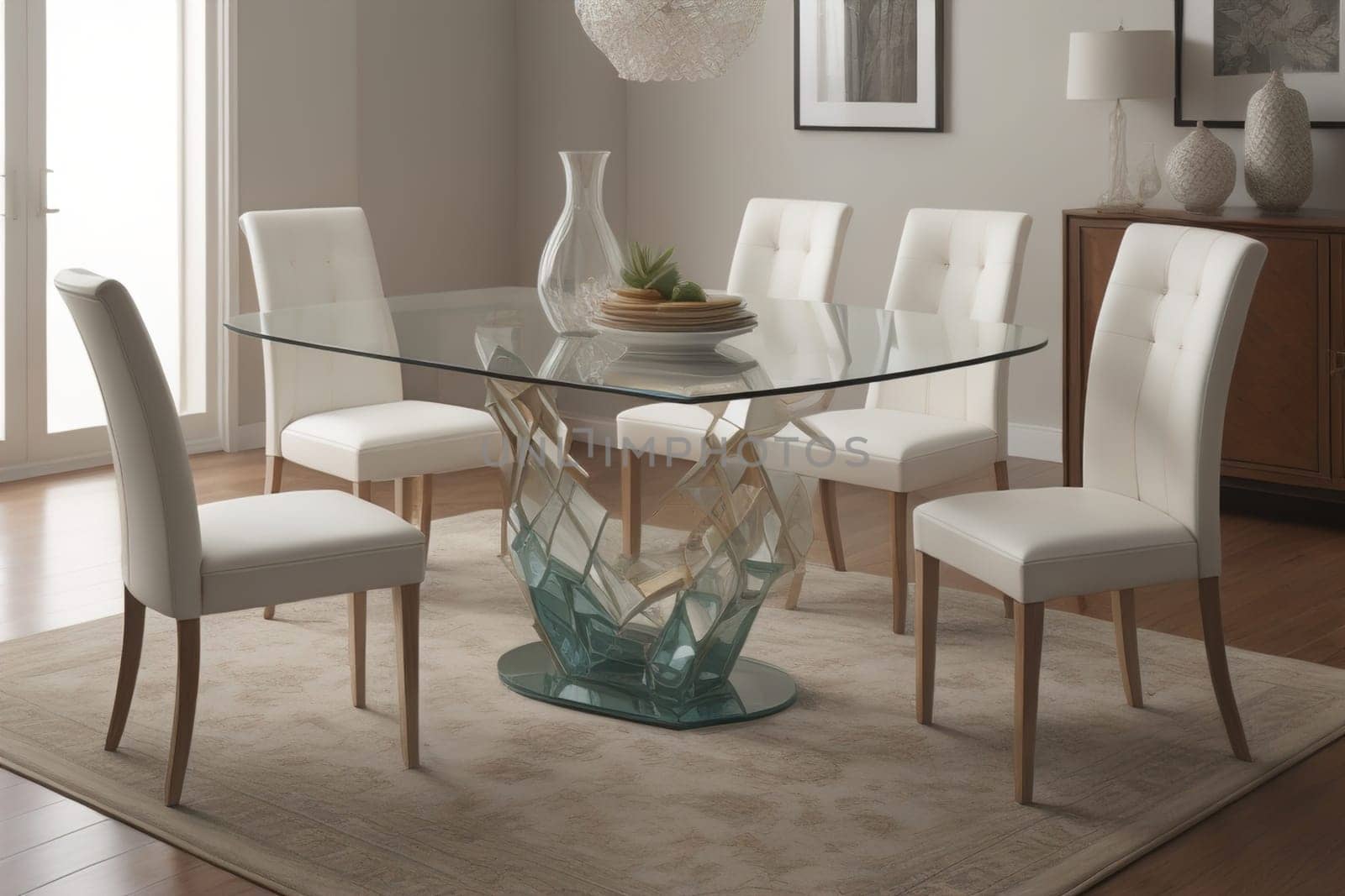 a glass table in a room. ai generative