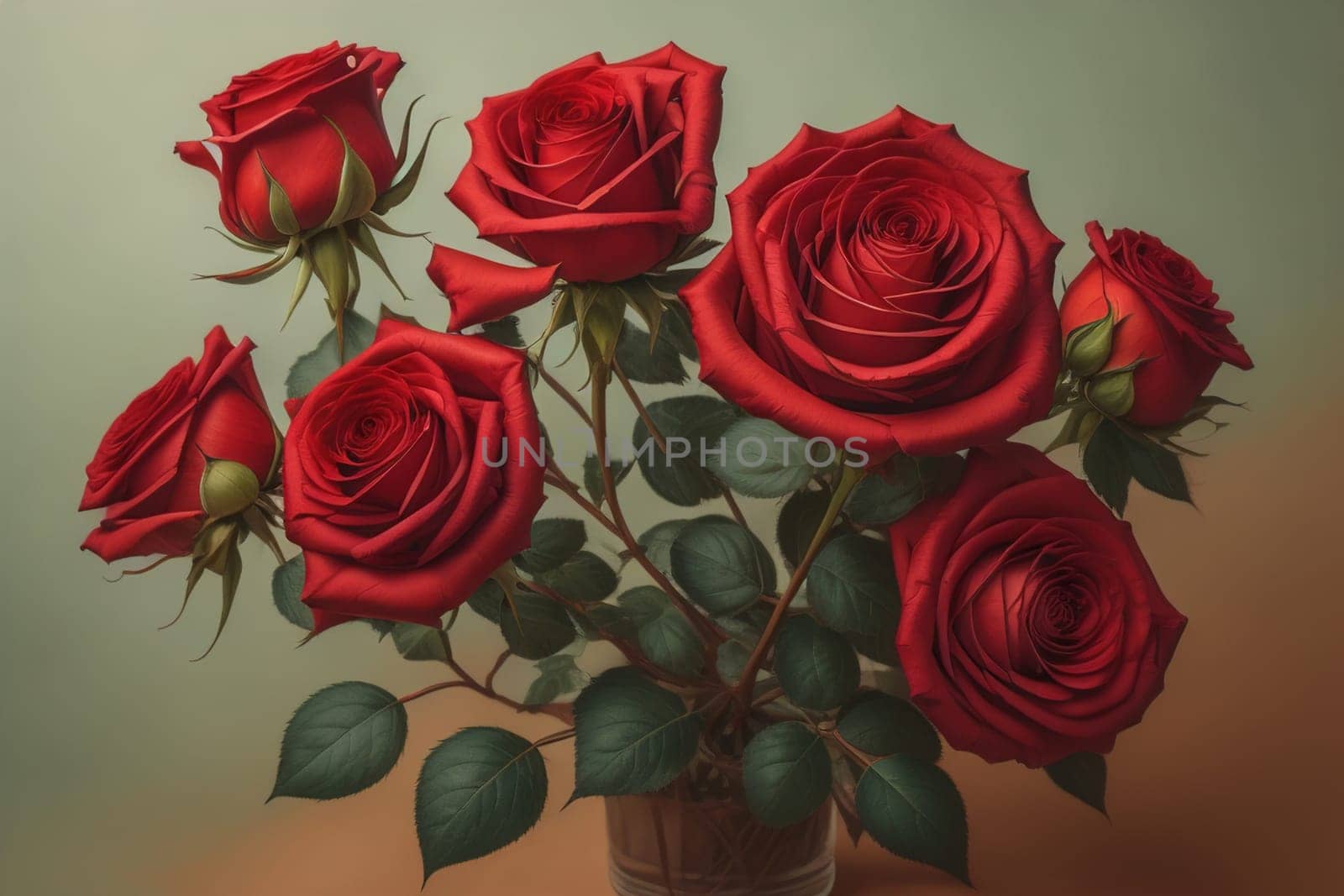 Red roses background. Top view of beautiful red roses with green leaves. ai generative by sanisra