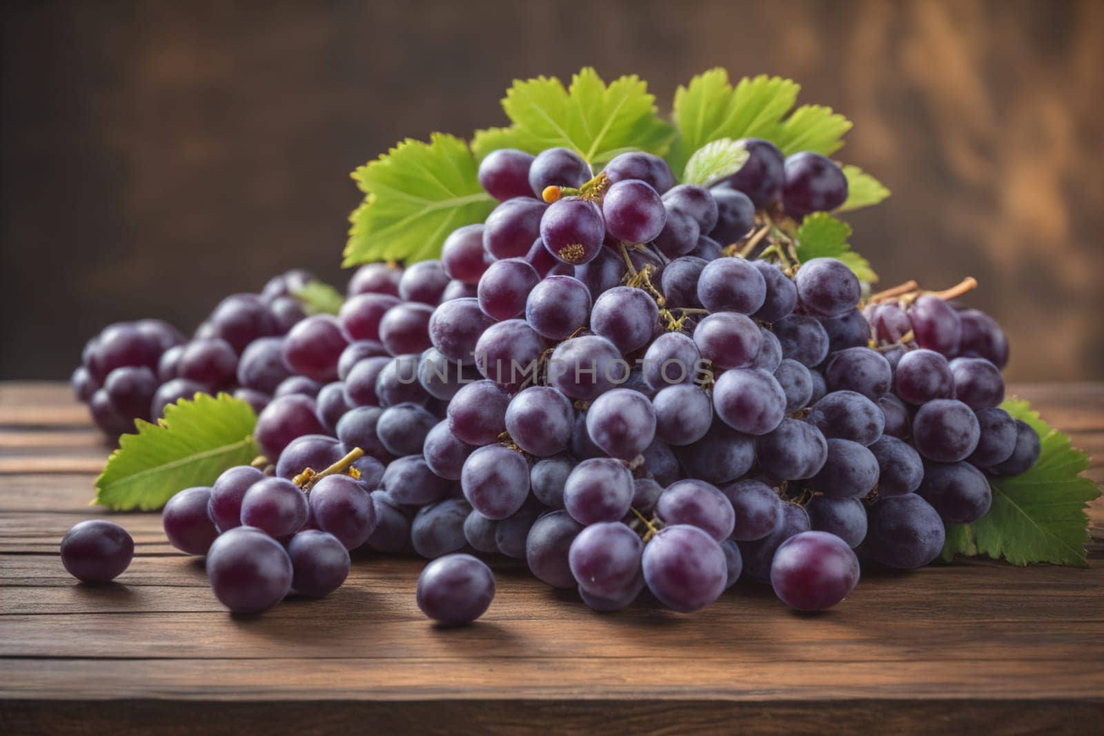Bunch of fresh grapes on wooden table. Vintage style toned picture. ai generative