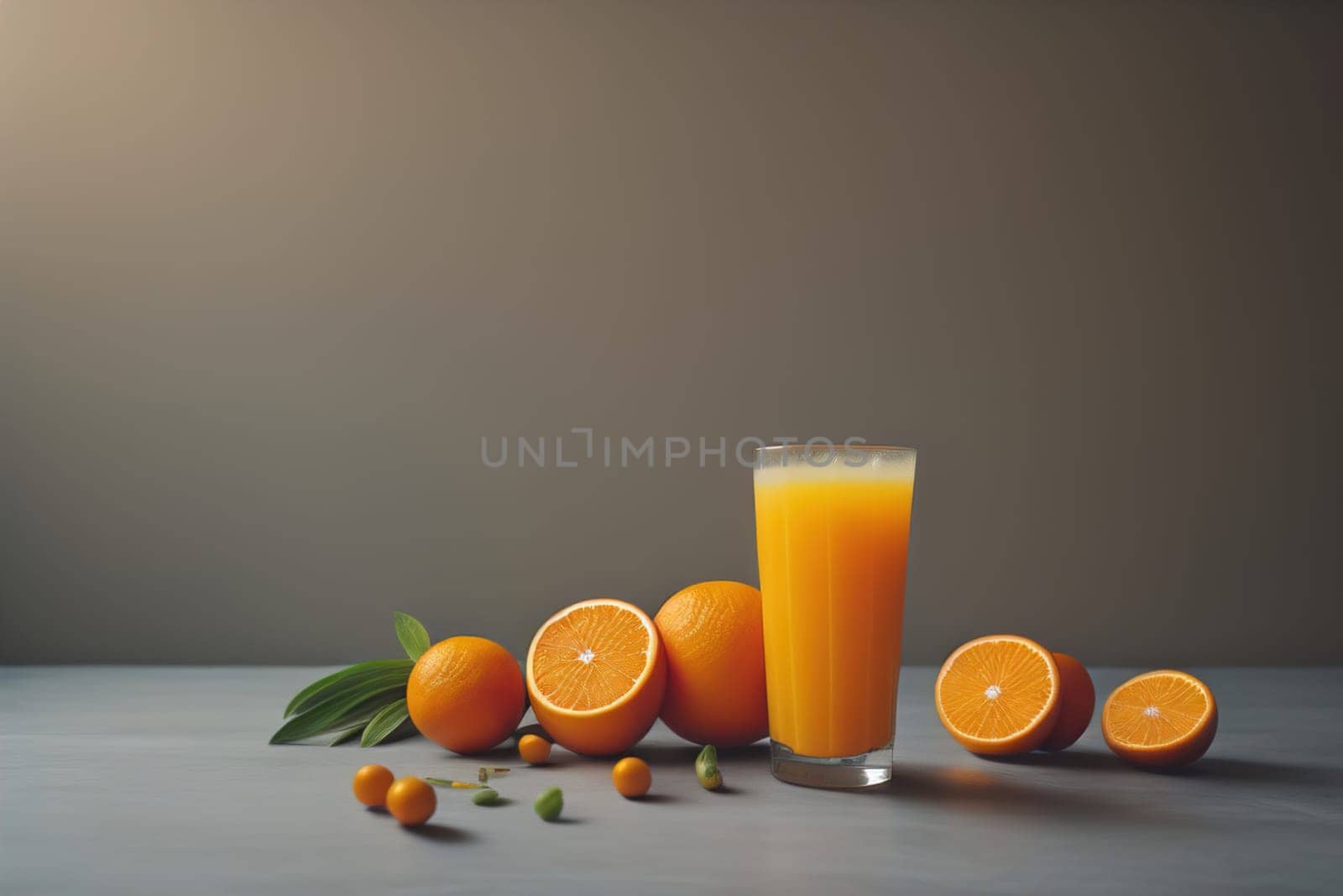 Glass of orange juice and fresh orange fruits. ai generative