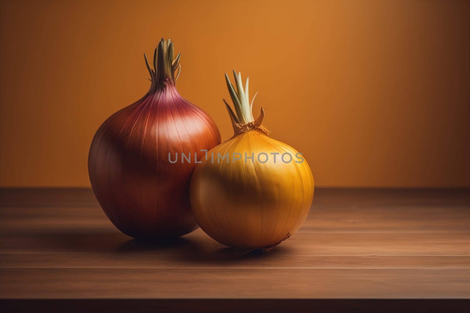 Three onions on a wooden table in front of a solid color background. ai generative