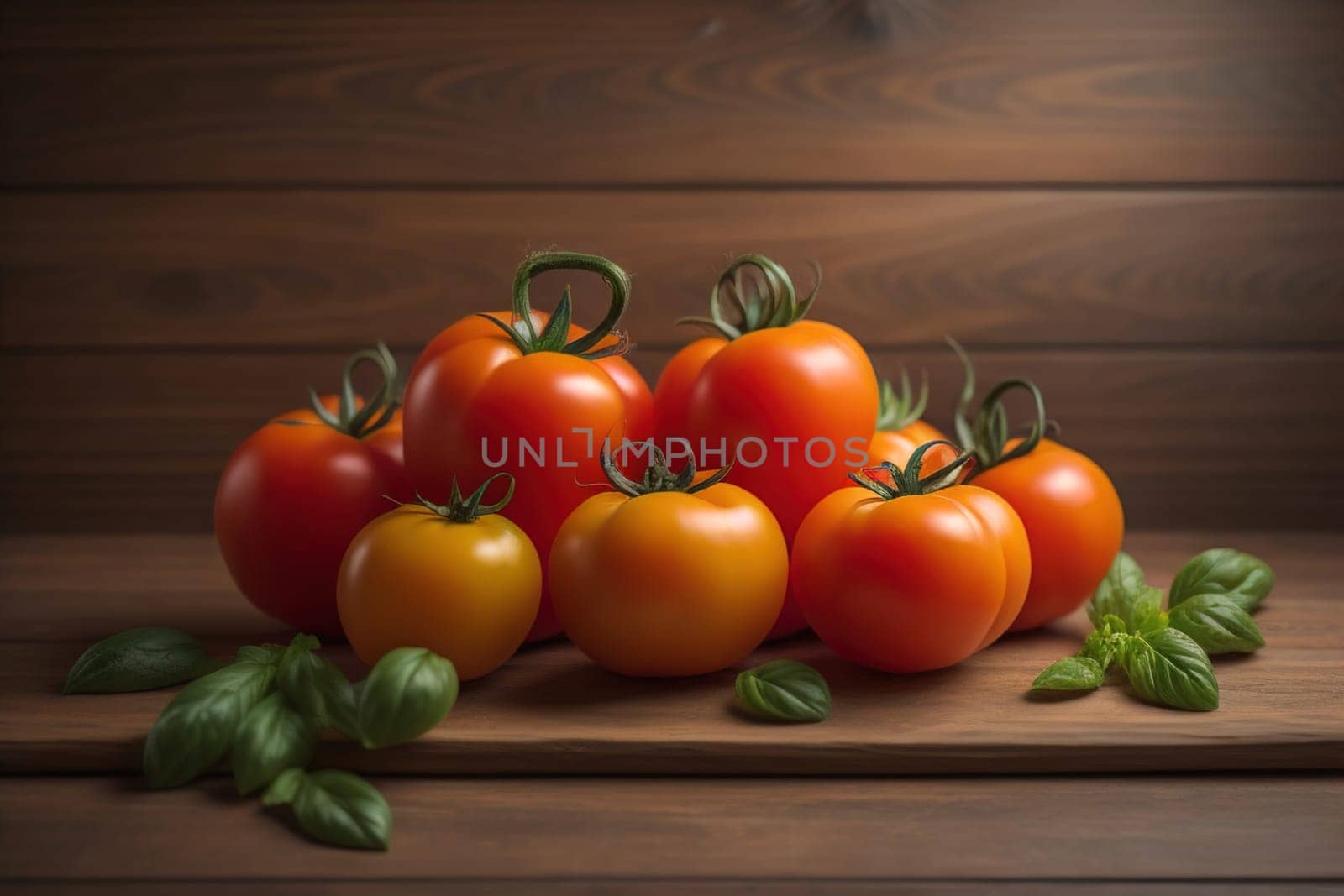 Tomatoes on a wooden table on a dark background. ai generative