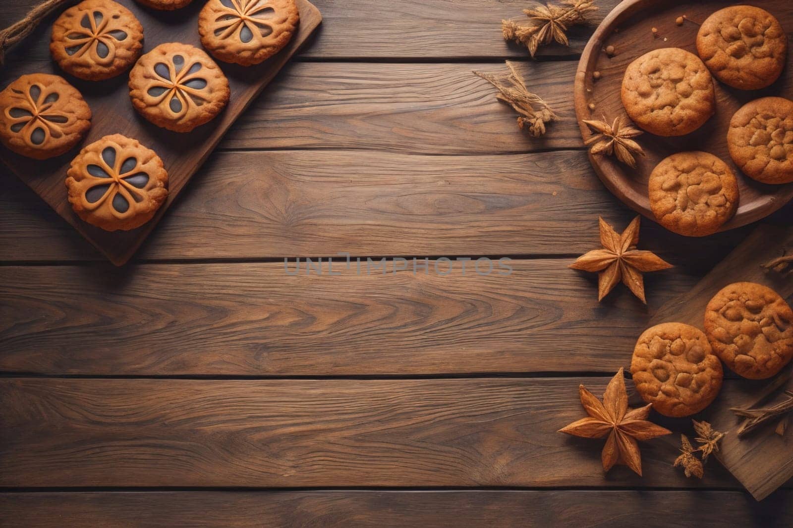 Cookies on a wooden table. Top view. ai generative