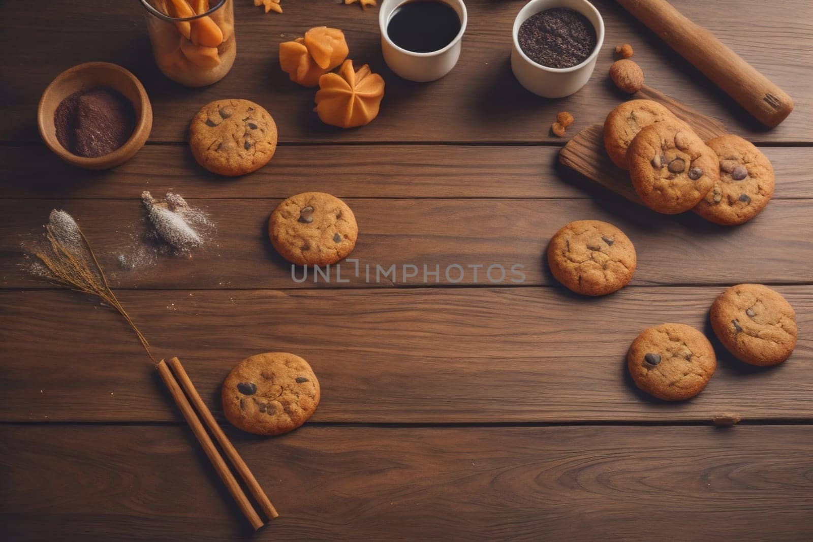 Cookies on a wooden table. Top view. ai generative