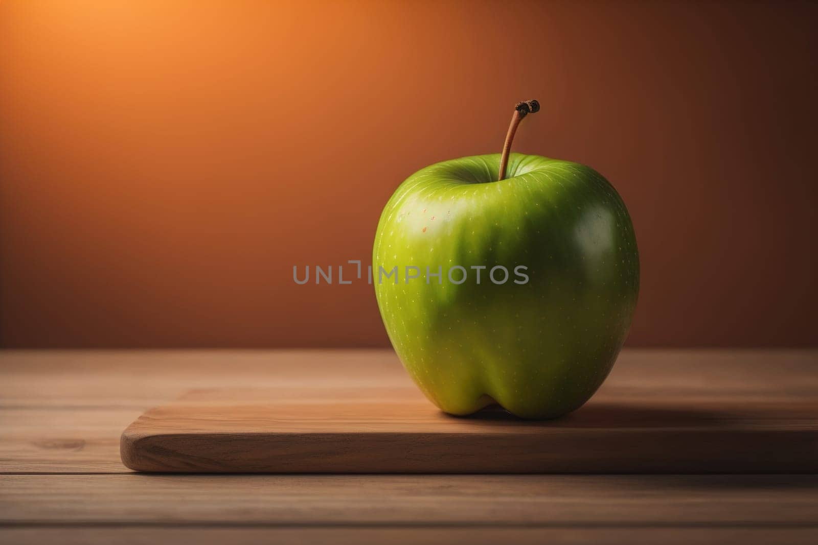 Green apple on a wooden table with dark background, shallow depth of field. The concept of healthy eating. ai generative