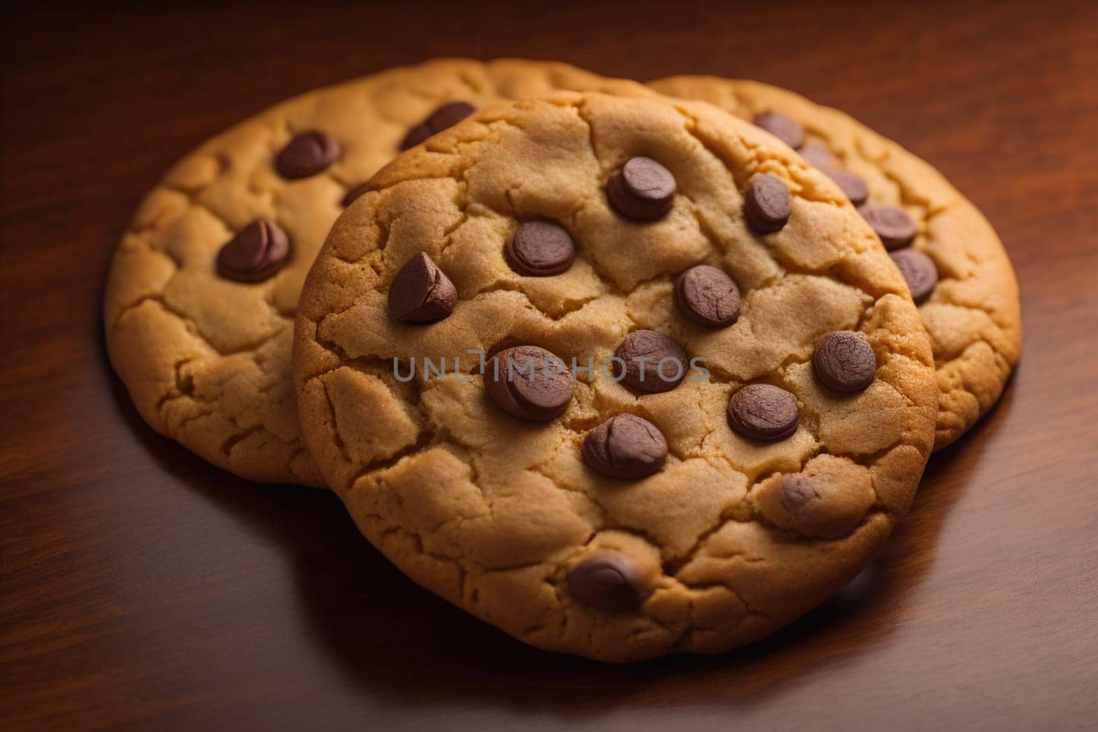 Chocolate chip cookies on orange background. Close up. Selective focus. ai generative