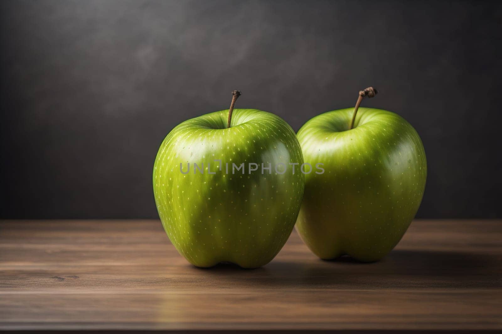 Green apple on a wooden table with dark background, shallow depth of field. The concept of healthy eating. ai generative