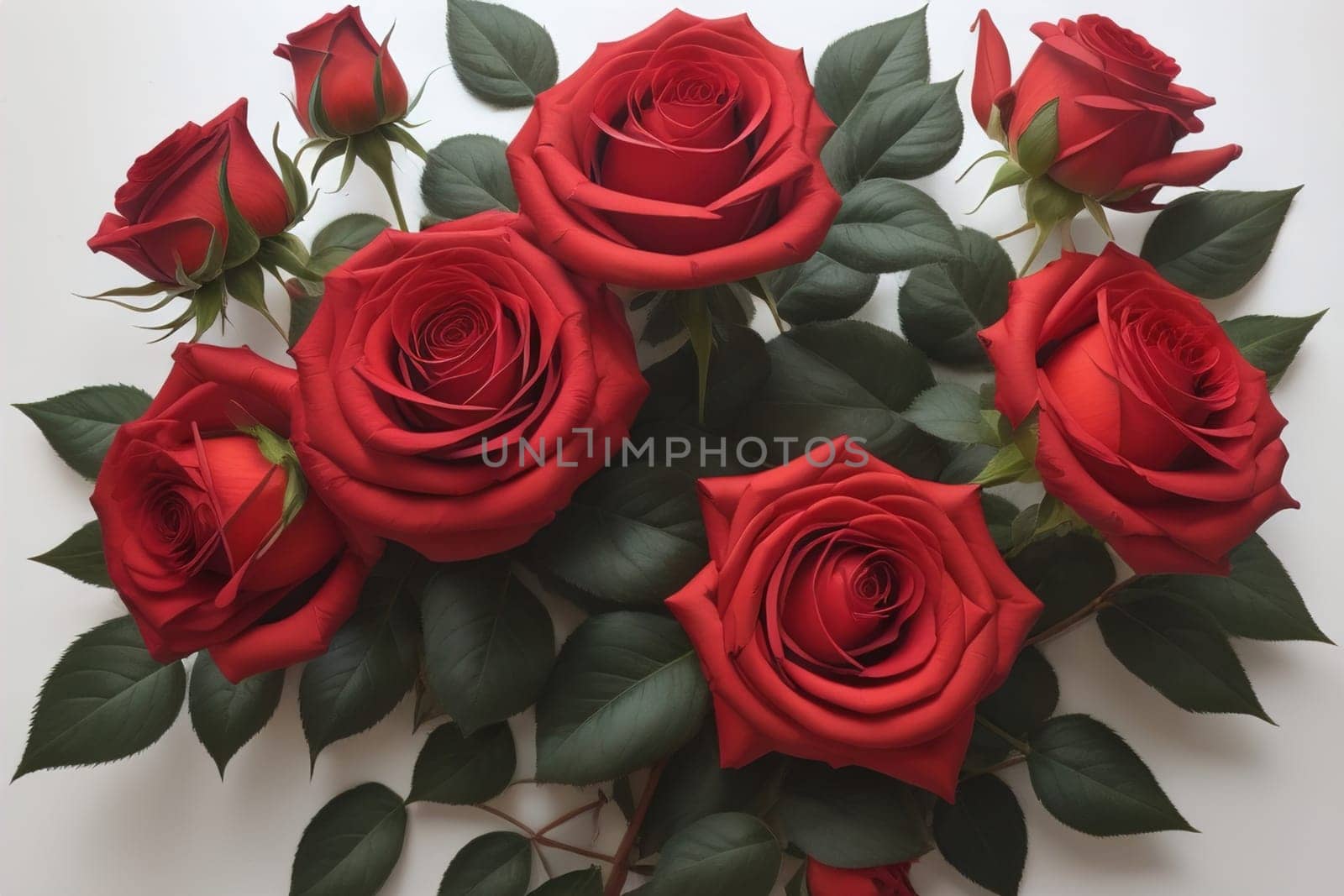 Red roses background. Top view of beautiful red roses with green leaves. ai generative