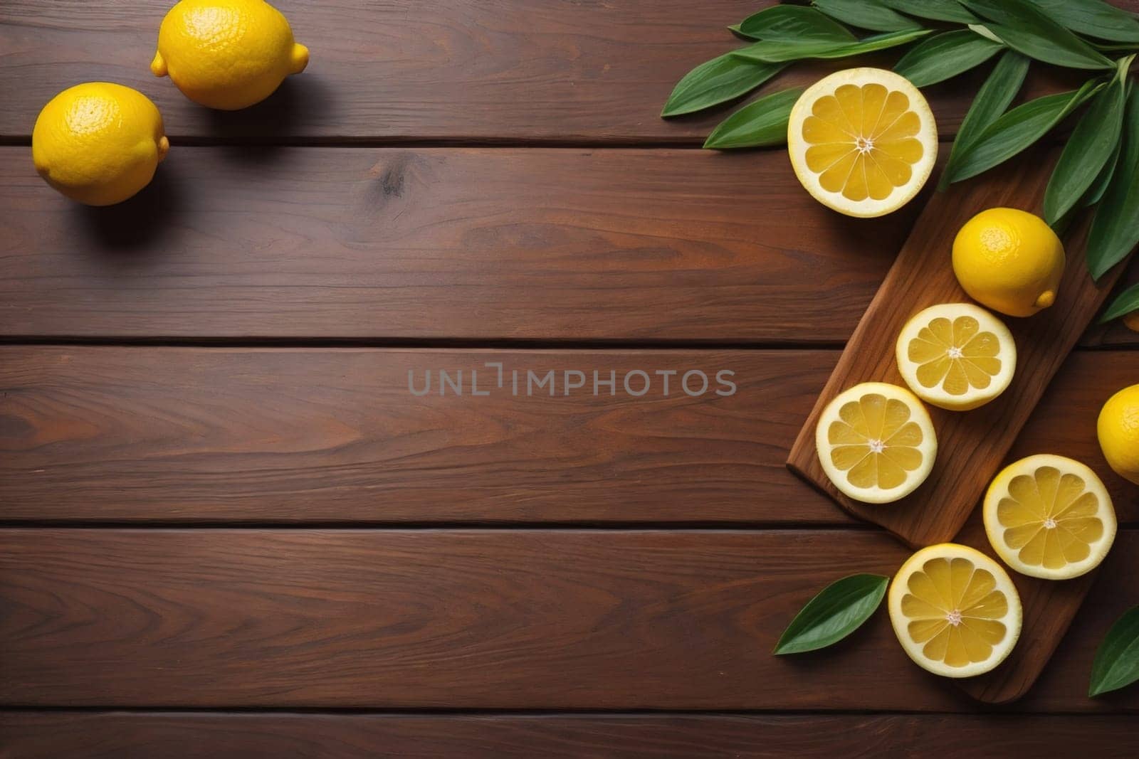 Lemon and slice of lemon on wooden background. Top view. ai generative