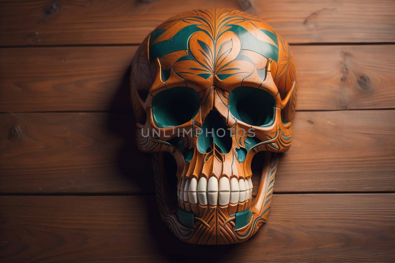 human skull on solid color background. Halloween concept. Close up. ai generative