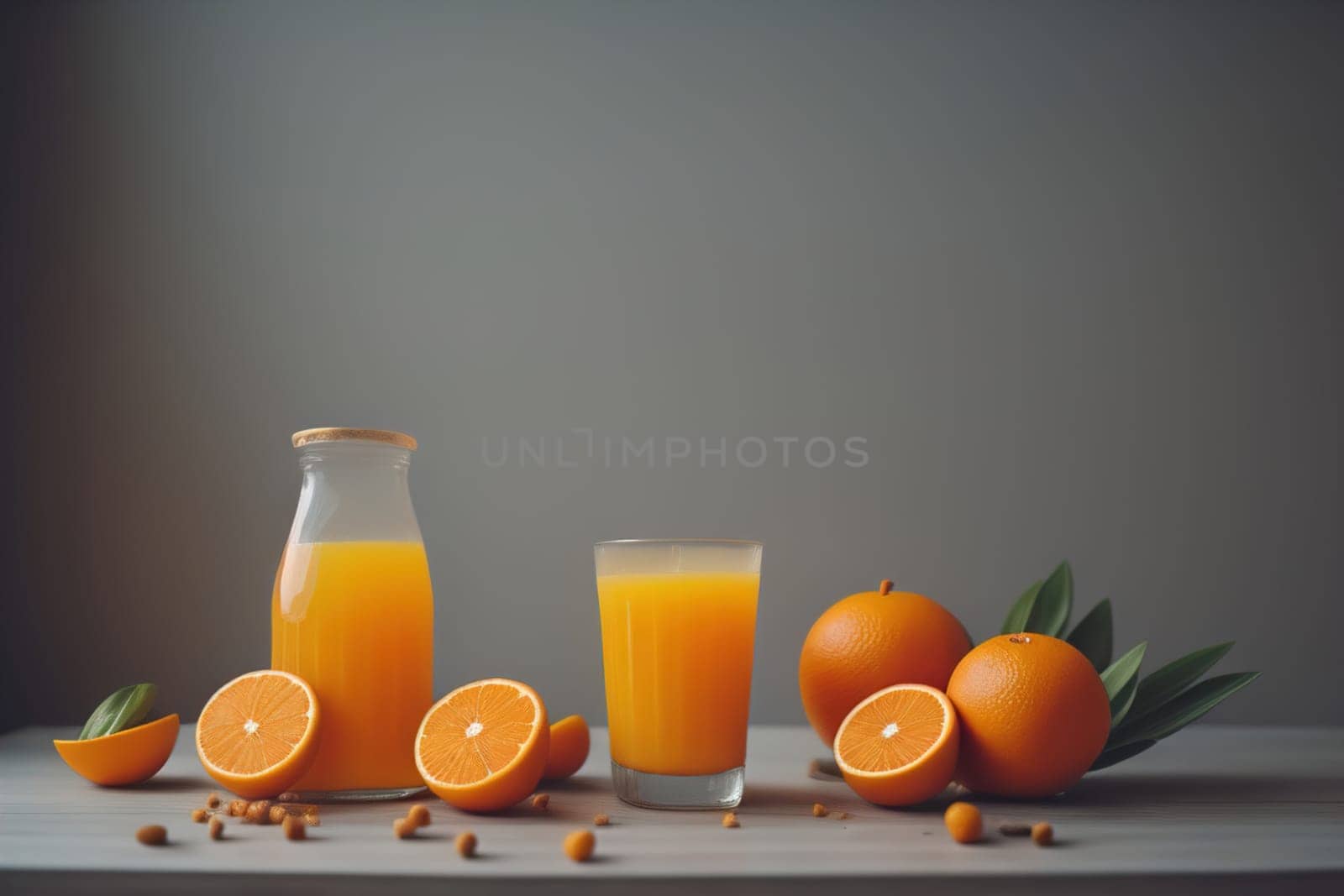 Glass of orange juice and fresh orange fruits. ai generative
