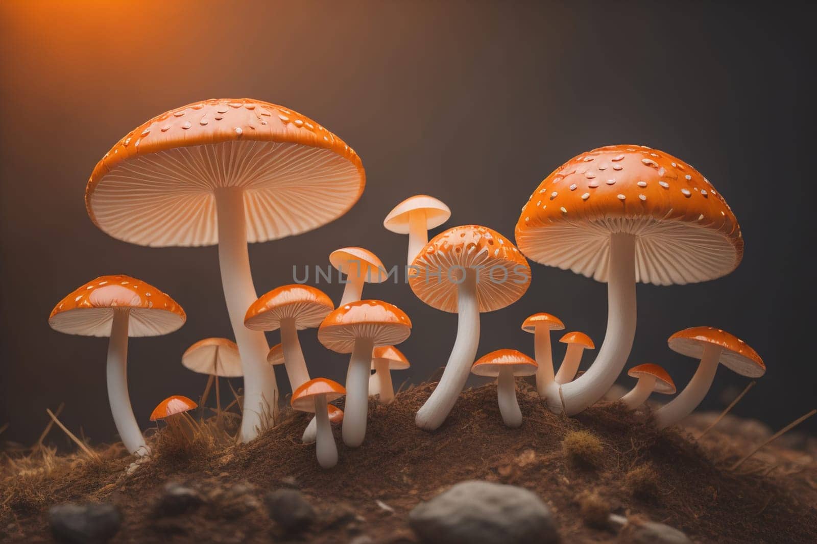 Mushrooms on a solid color background with green moss and water drops. generative ai