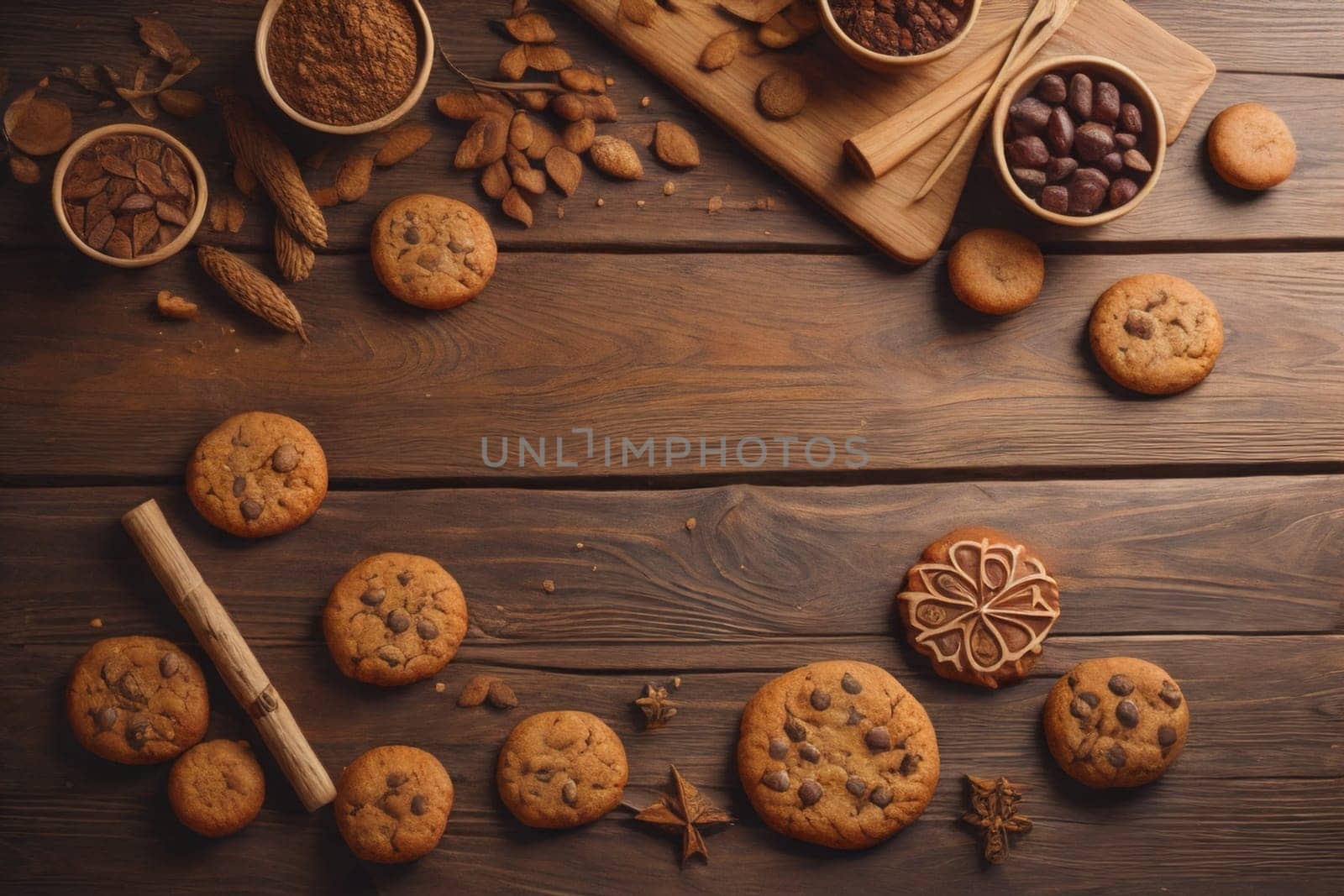 Cookies on a wooden table. Top view. ai generative