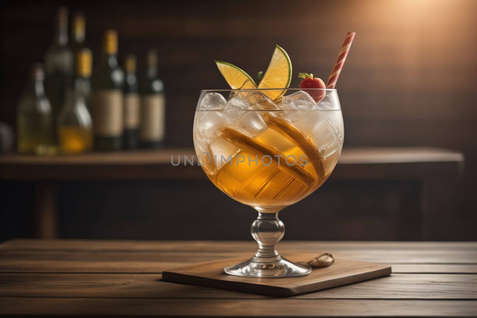 Alcohol cocktail drink on the table in bar. Toned image. ai generative