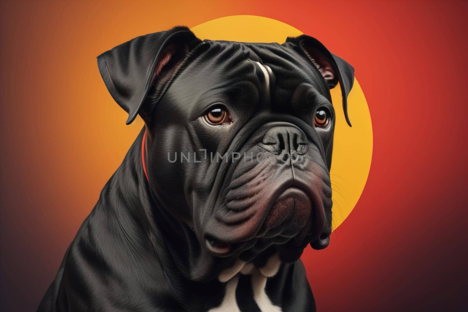 Close up portrait of a cute black dog on a orange background. ai generative