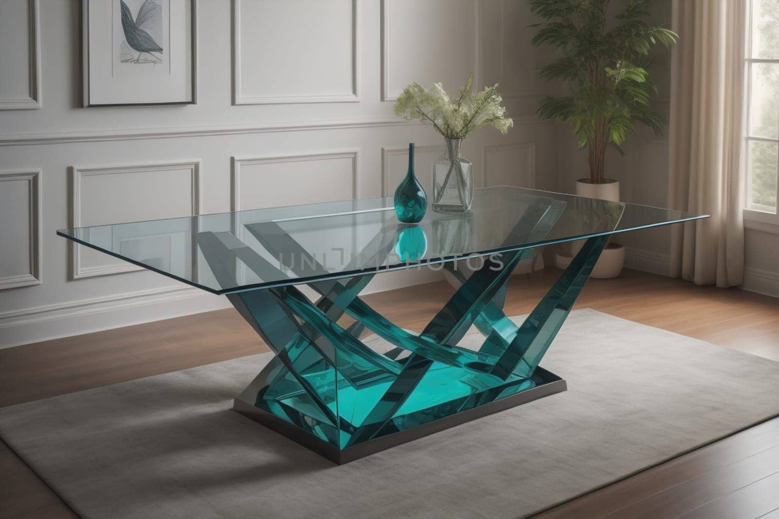 a glass table in a room. ai generative