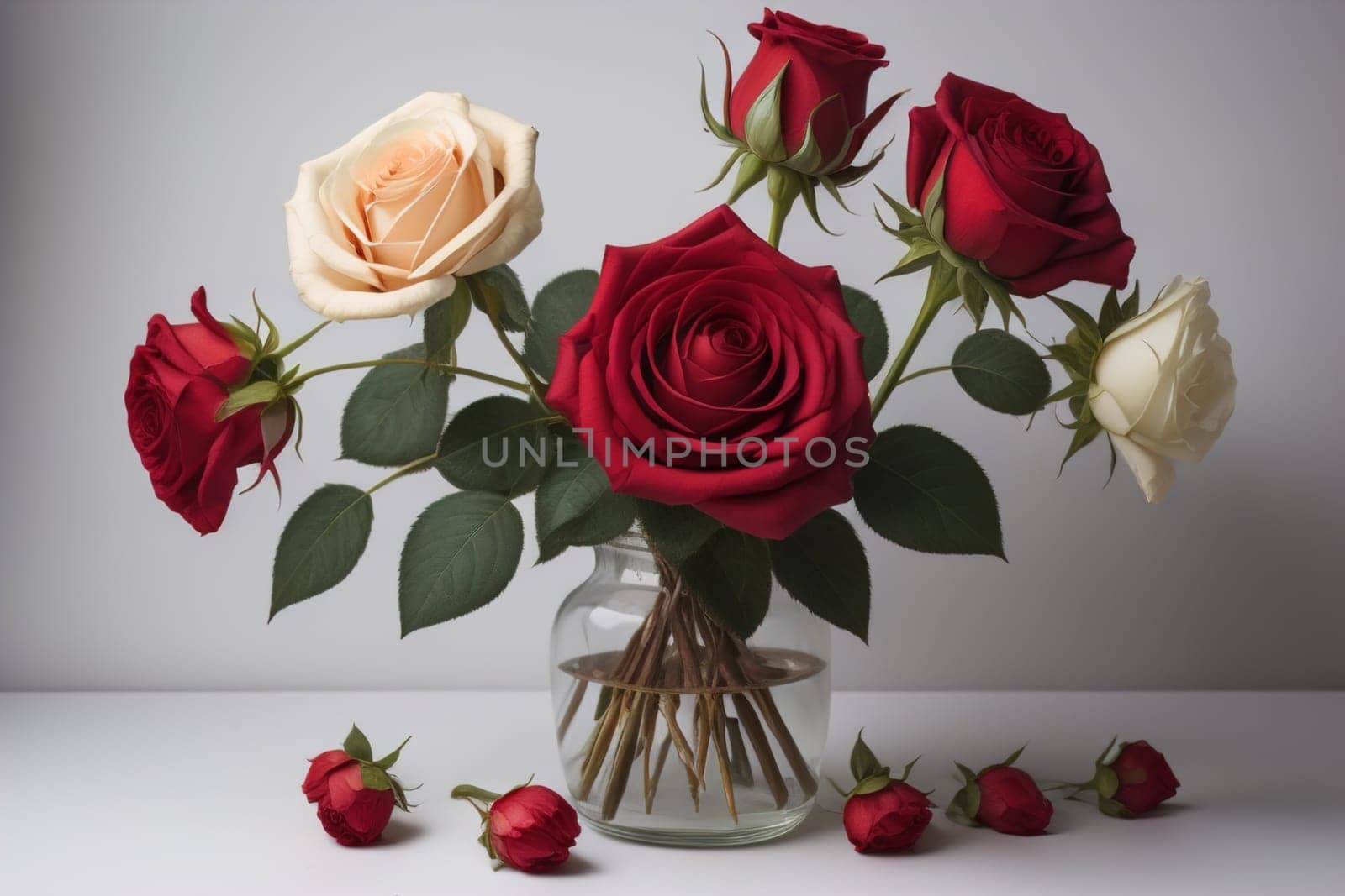 Red roses background. Top view of beautiful red roses with green leaves. ai generative