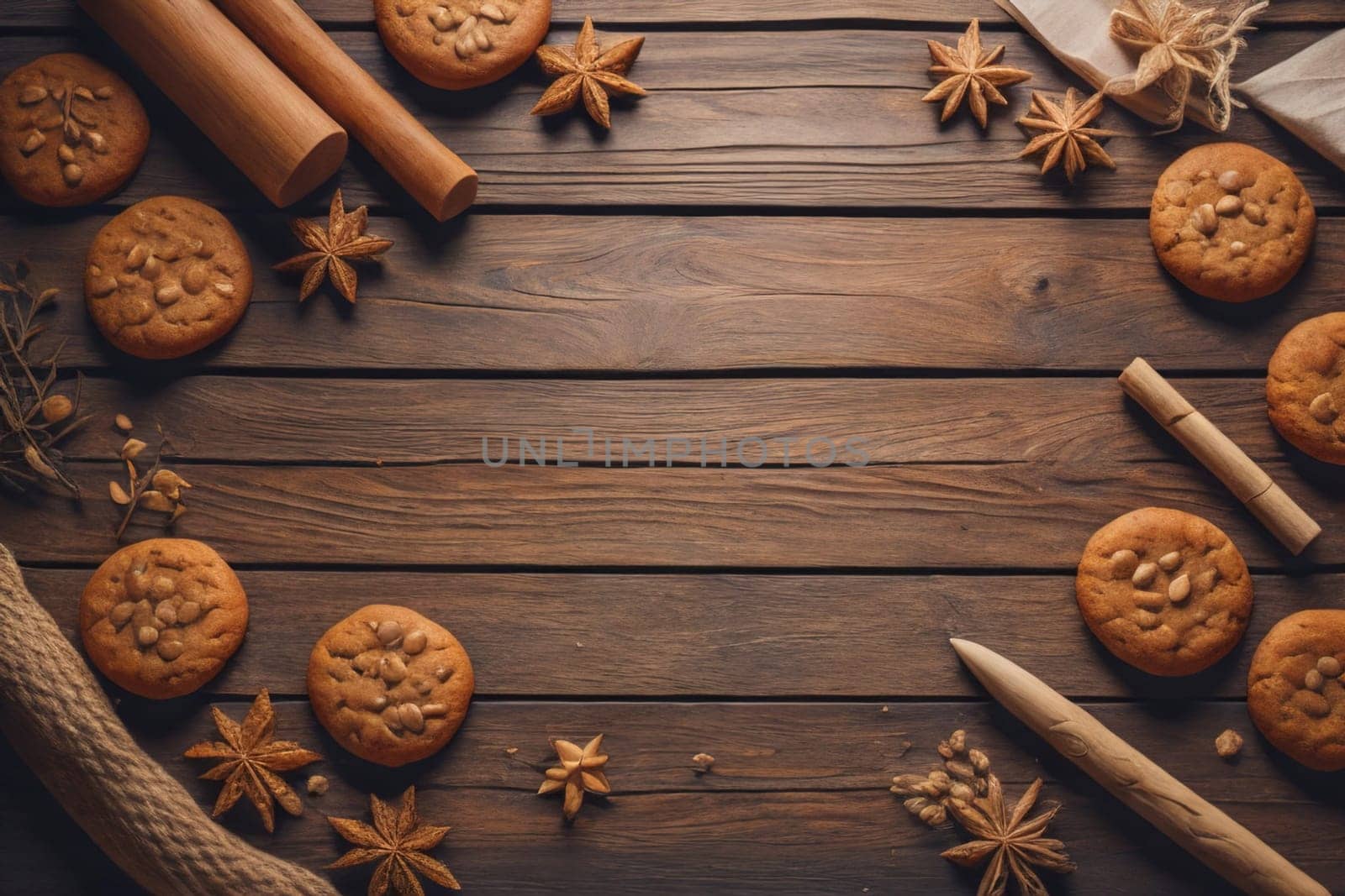 Cookies on a wooden table. Top view. ai generative