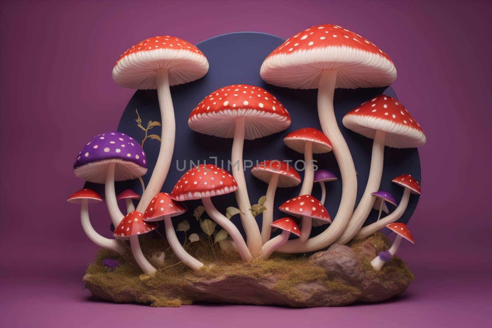 Mushrooms on a solid color background with green moss and water drops. generative ai