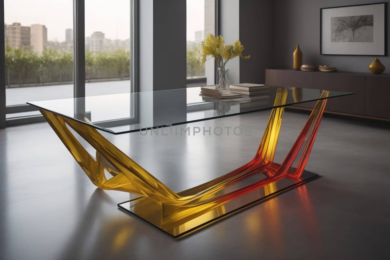 a glass table in a room. ai generative