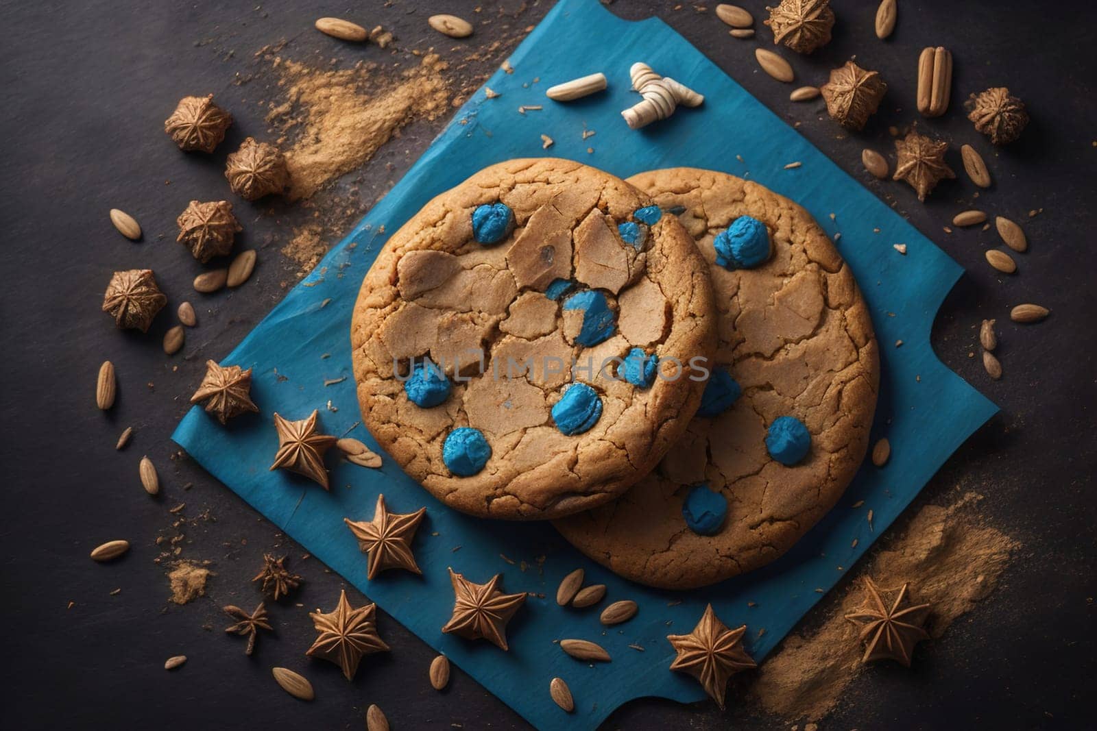 Chocolate chip cookies on orange background. Close up. Selective focus. ai generative
