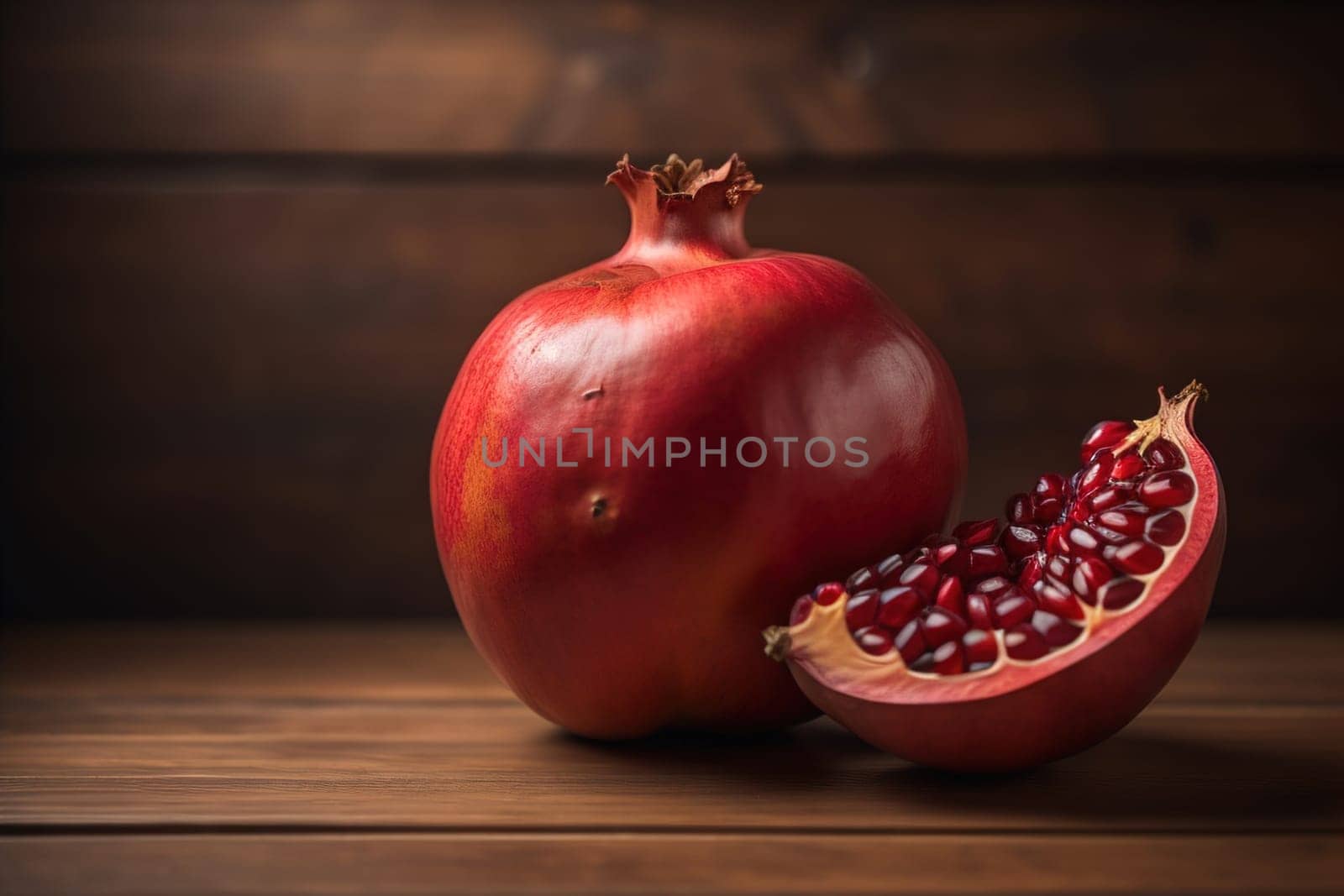 Ripe pomegranate fruit on a wooden background. Still life. ai generative