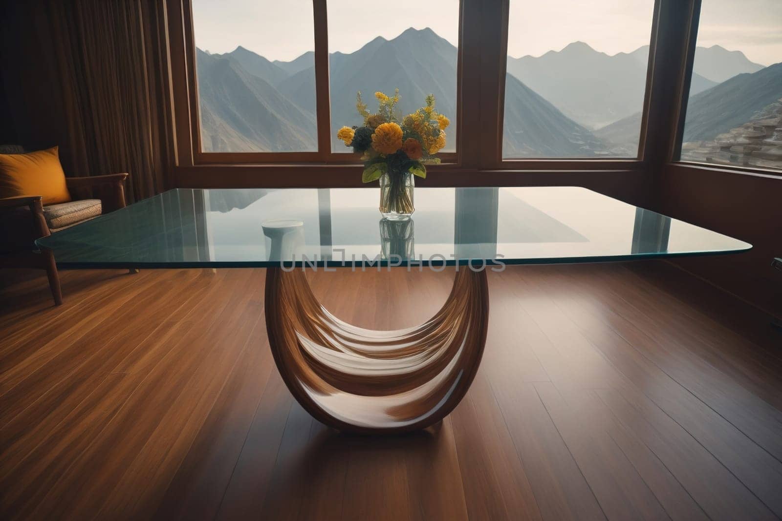 a glass table in a room. ai generative