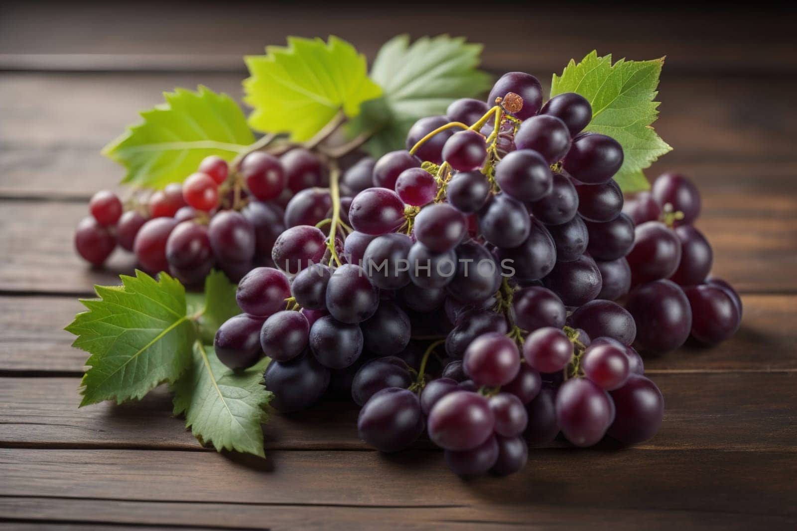 Bunch of fresh grapes on wooden table. Vintage style toned picture. ai generative