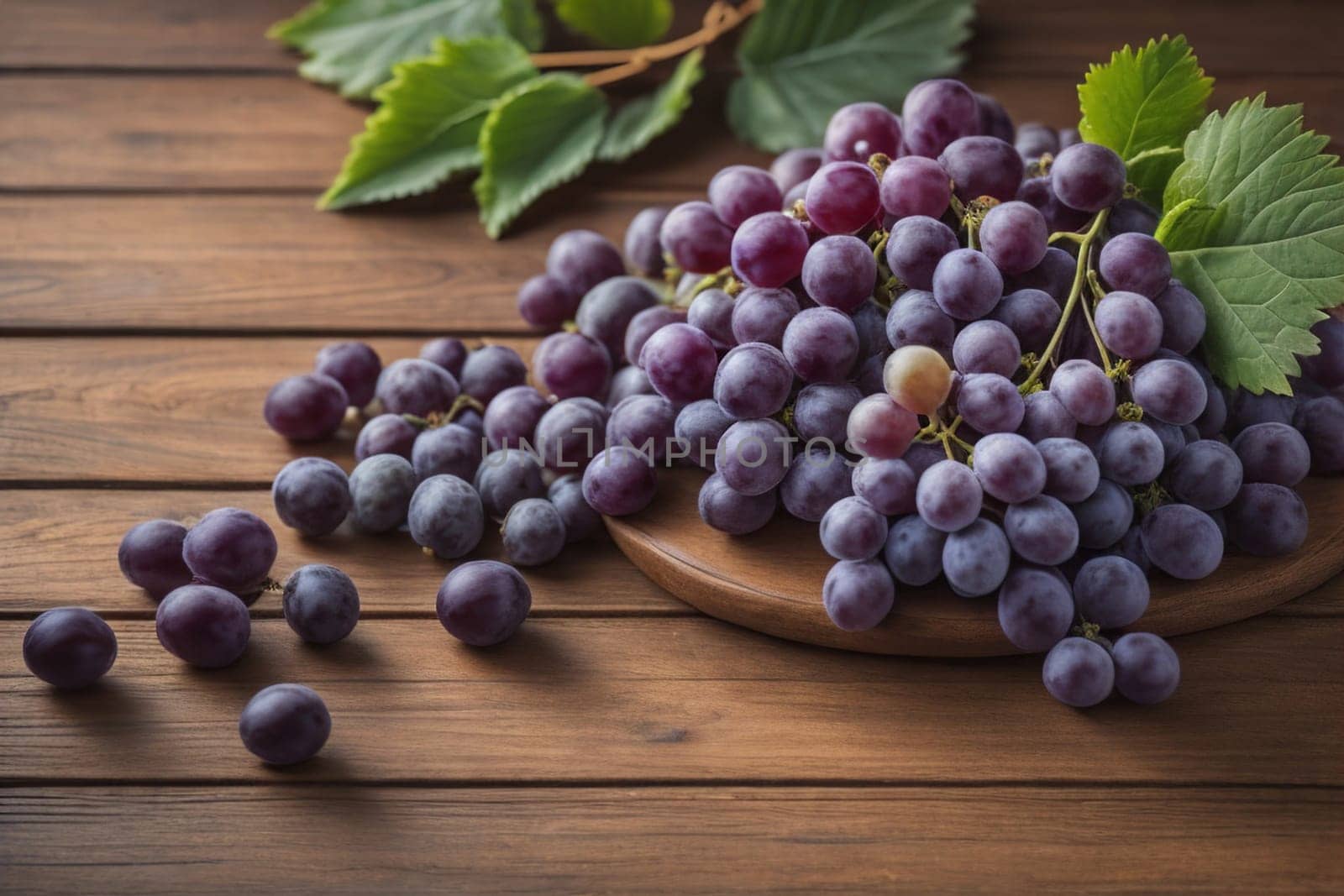 Bunch of fresh grapes on wooden table. Vintage style toned picture. ai generative