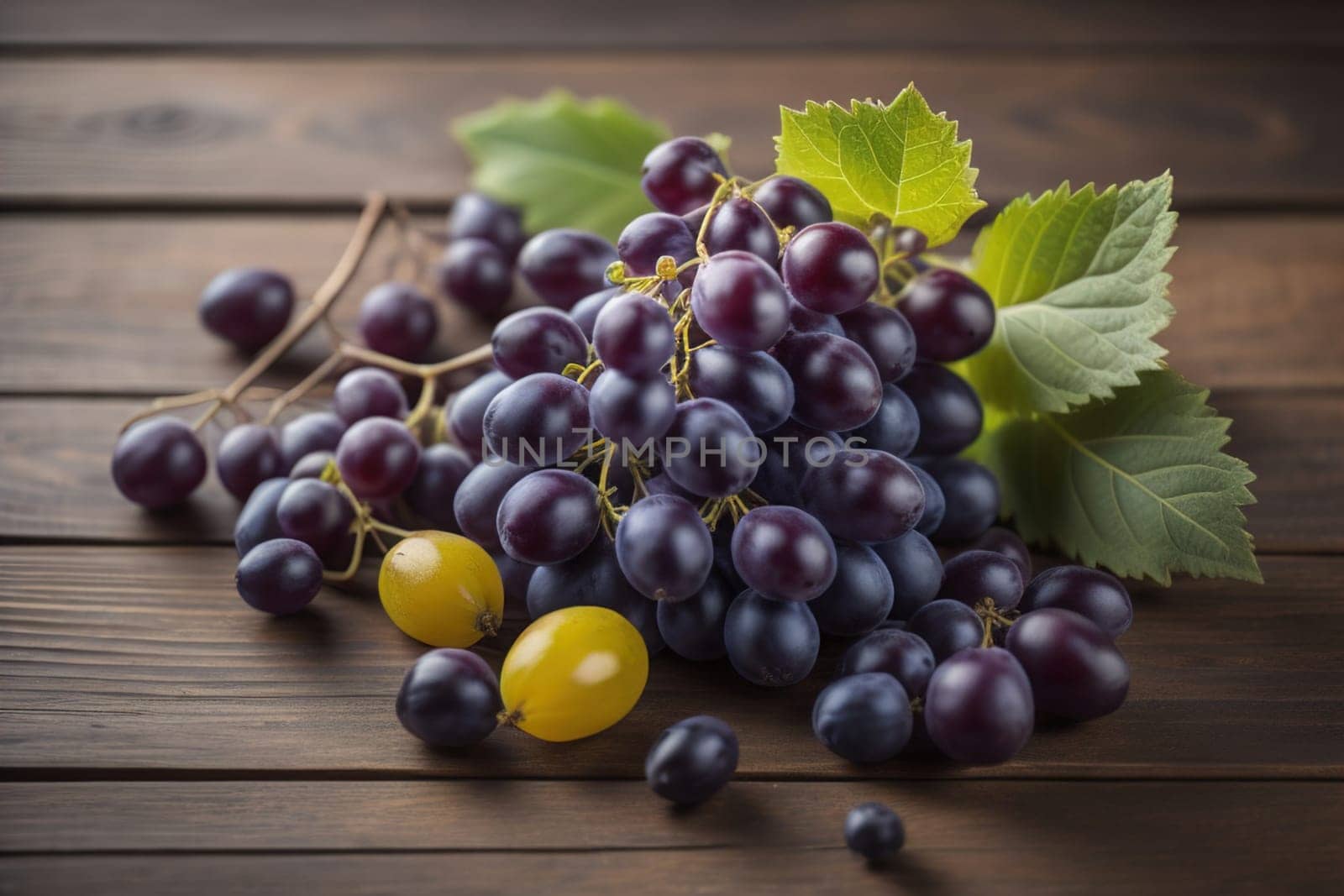 Bunch of fresh grapes on wooden table. Vintage style toned picture. ai generative