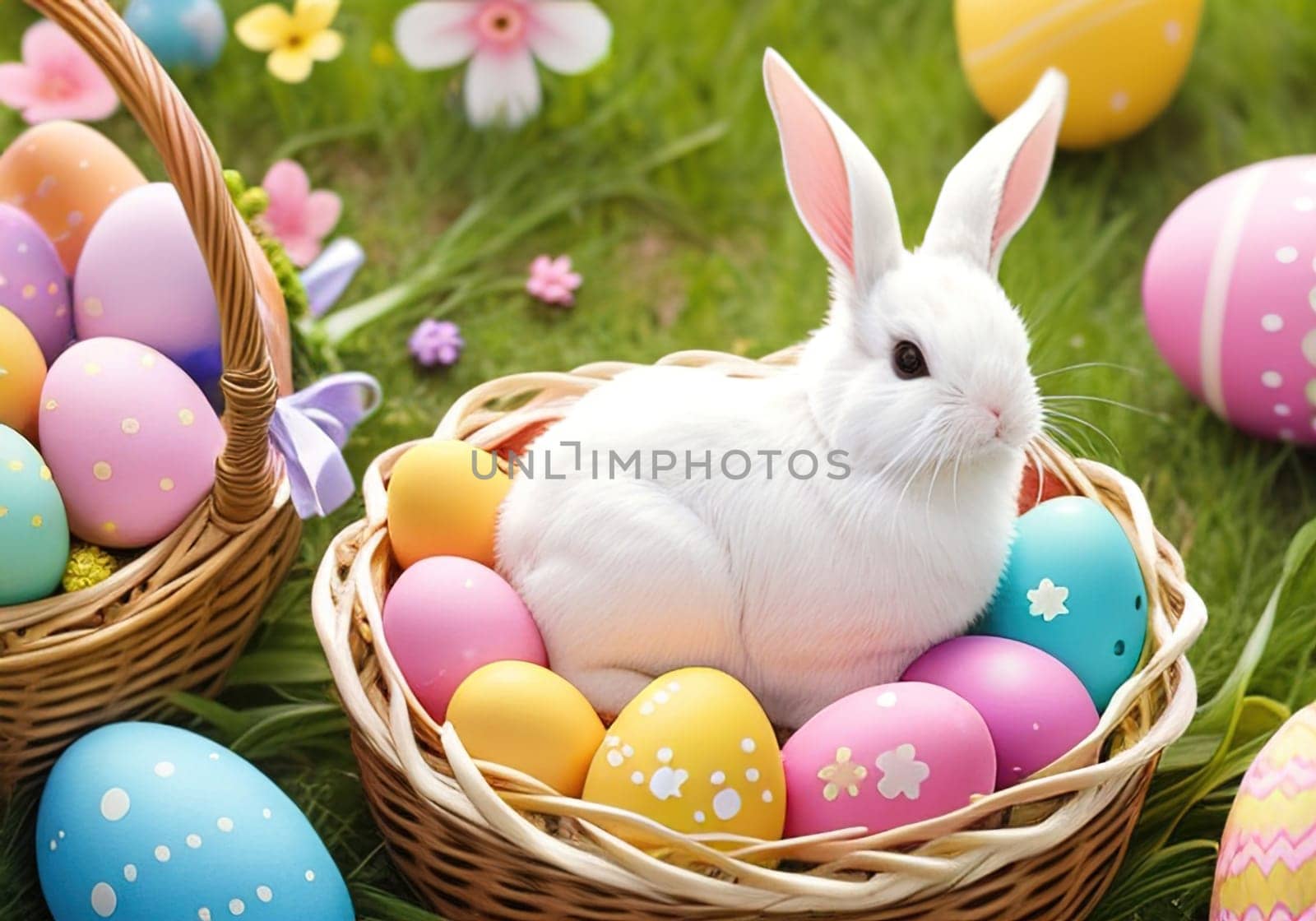 Easter bunny with colorful eggs in nest. ai generative