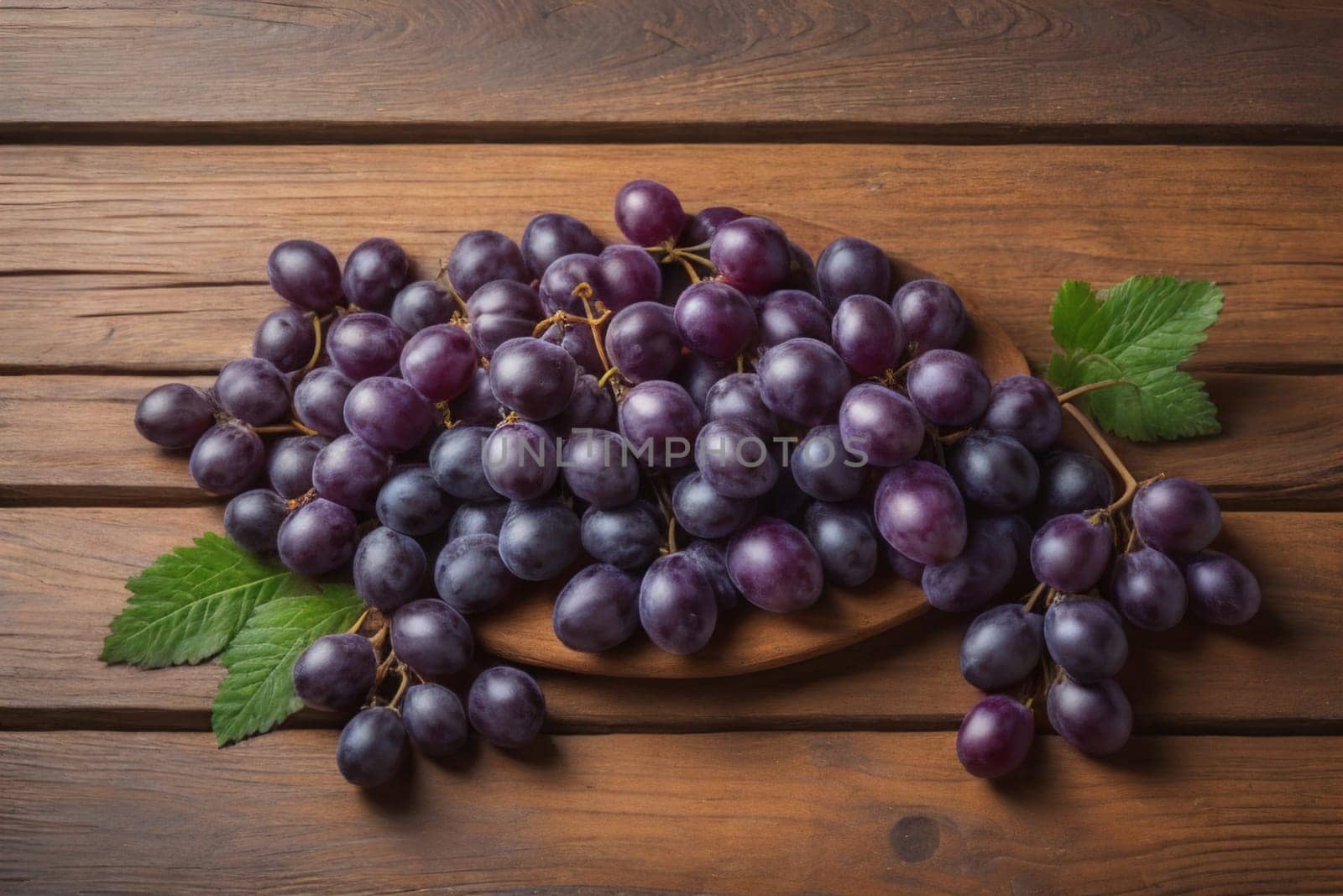 Bunch of fresh grapes on wooden table. Vintage style toned picture. ai generative