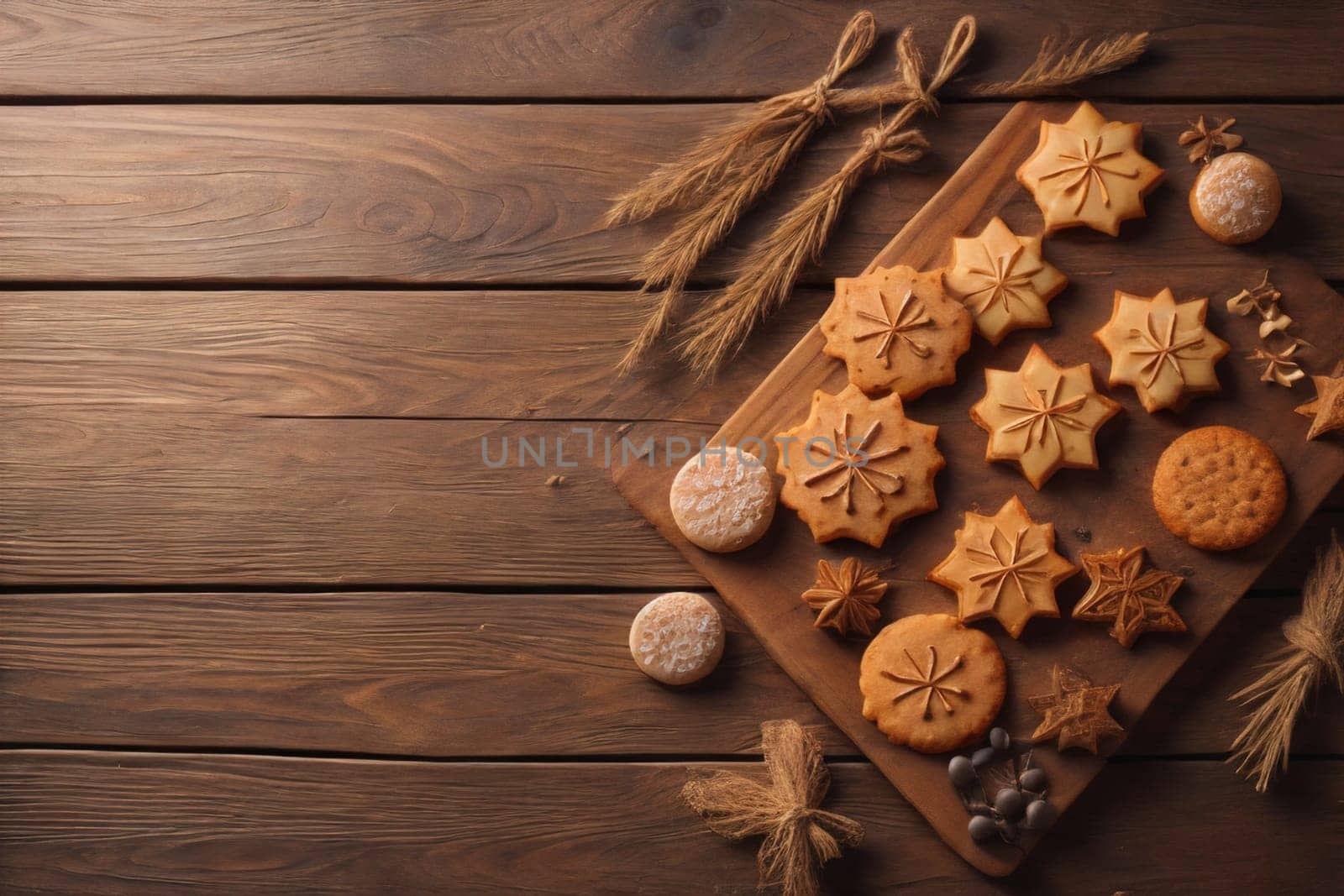 Cookies on a wooden table. Top view. ai generative