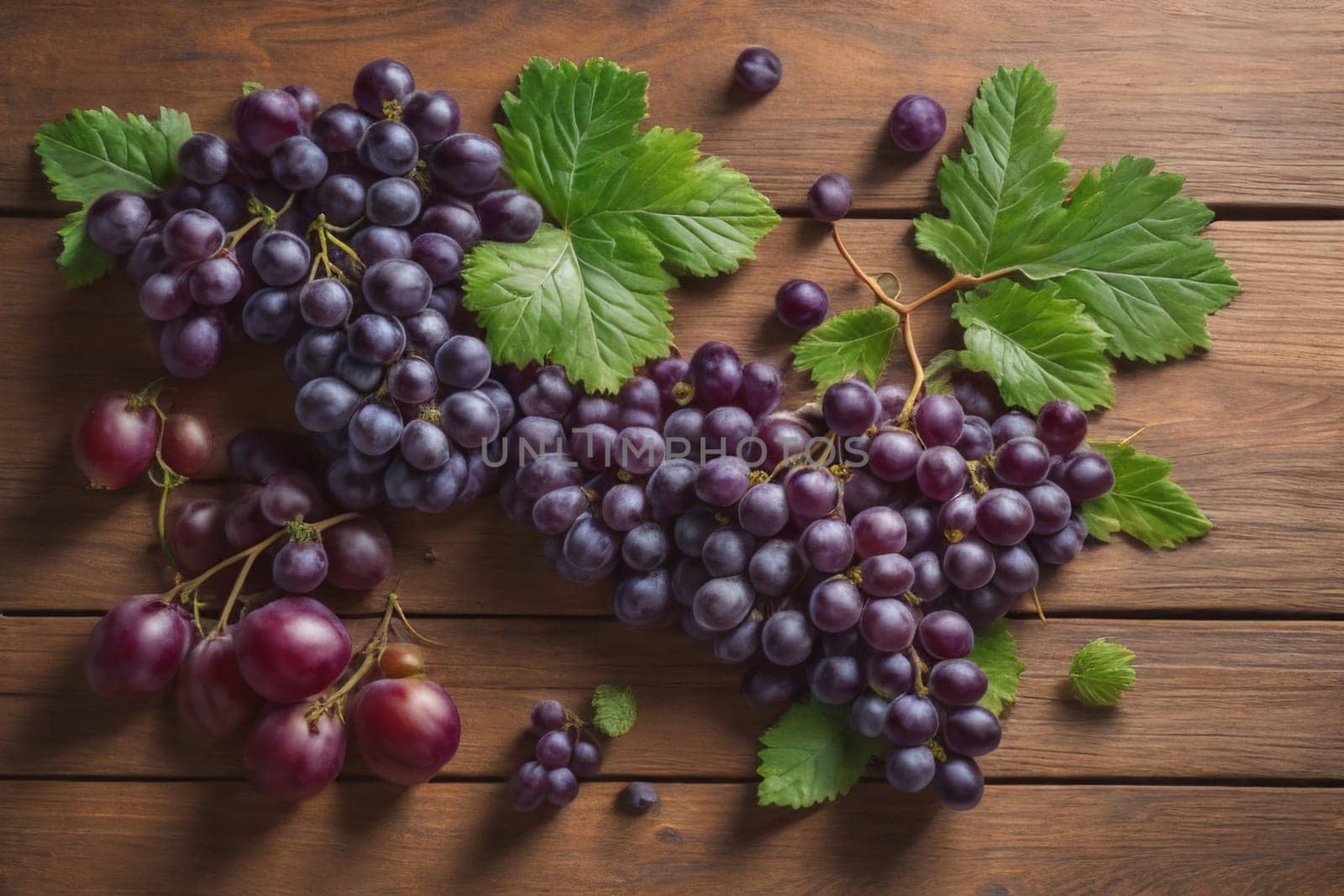 Bunch of fresh grapes on wooden table. Vintage style toned picture. ai generative