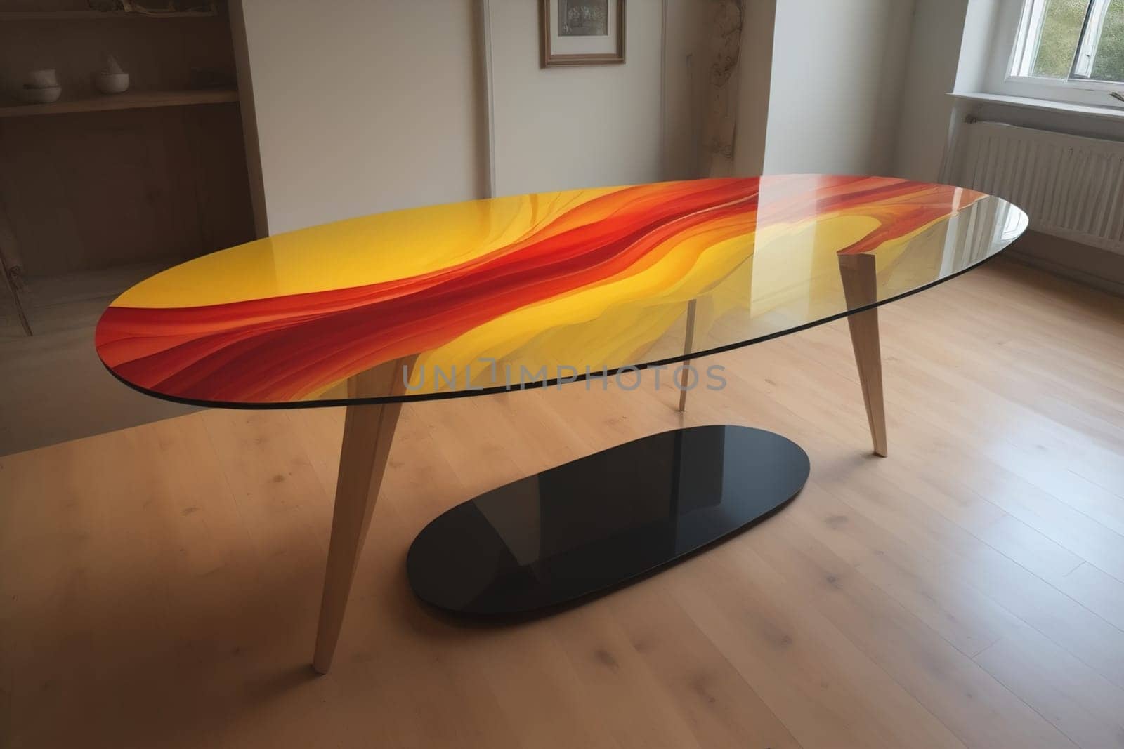 a glass table in a room. ai generative