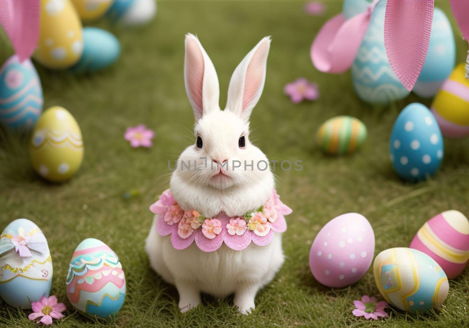 Easter bunny with colorful eggs in nest. ai generative