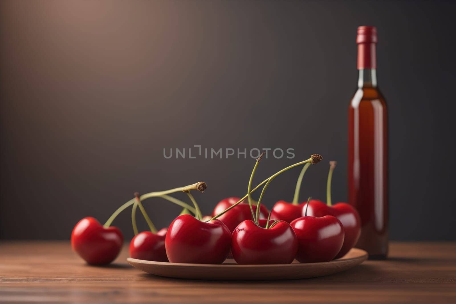 Red cherries on a wooden background. Close up. Selective focus. ai generative