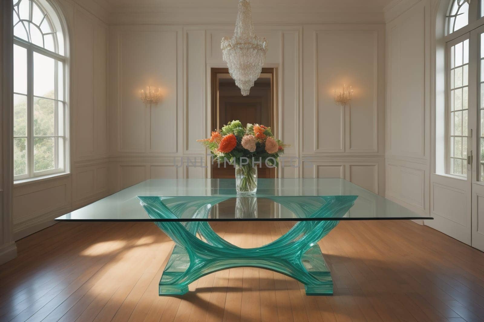 a glass table in a room. ai generative