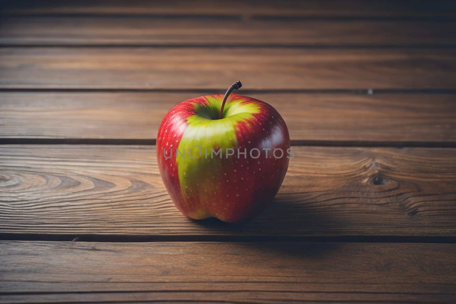 Red apple on a wooden background. ai generative